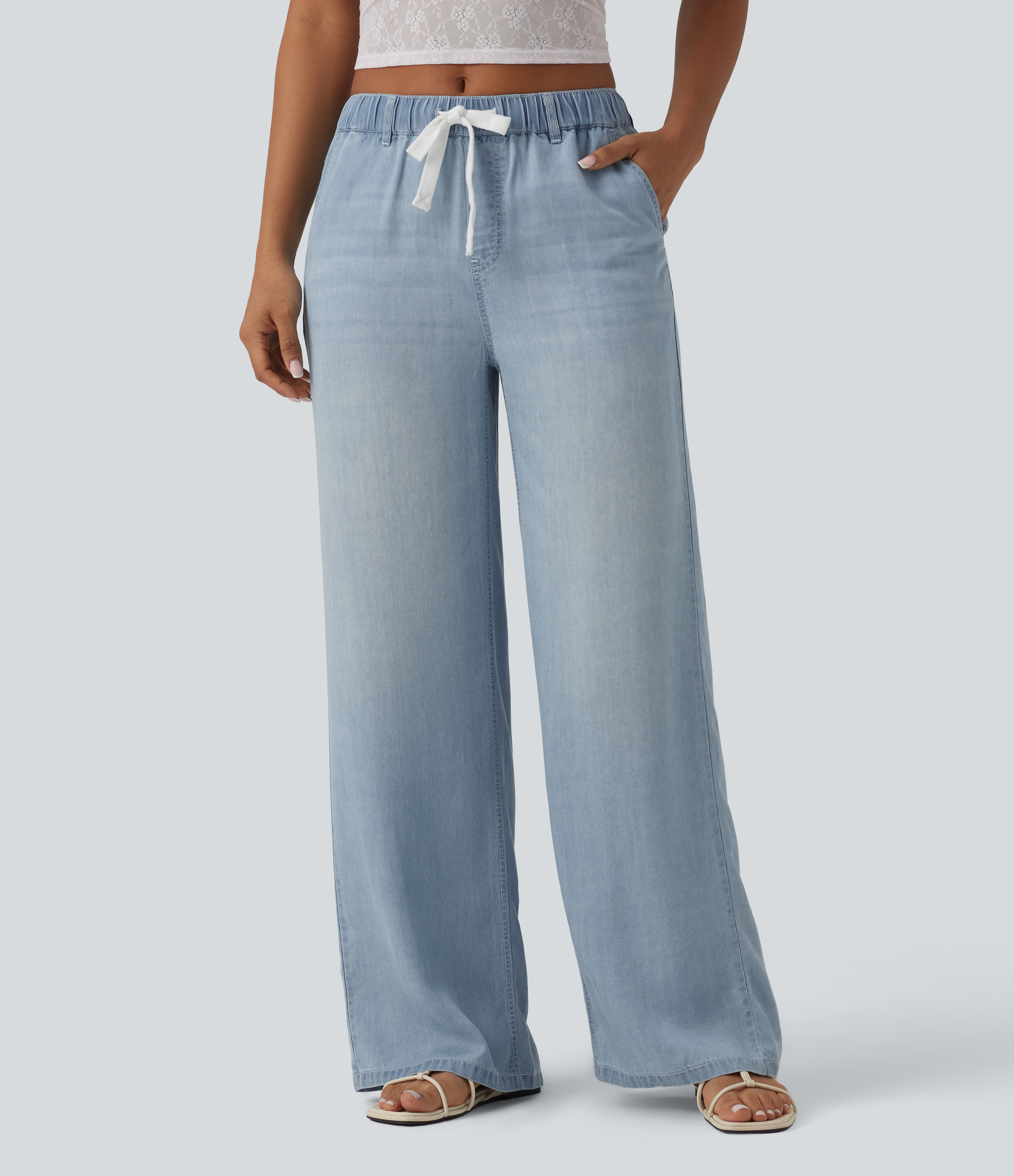 Mid Rise Drawstring Casual Jeans with Pockets