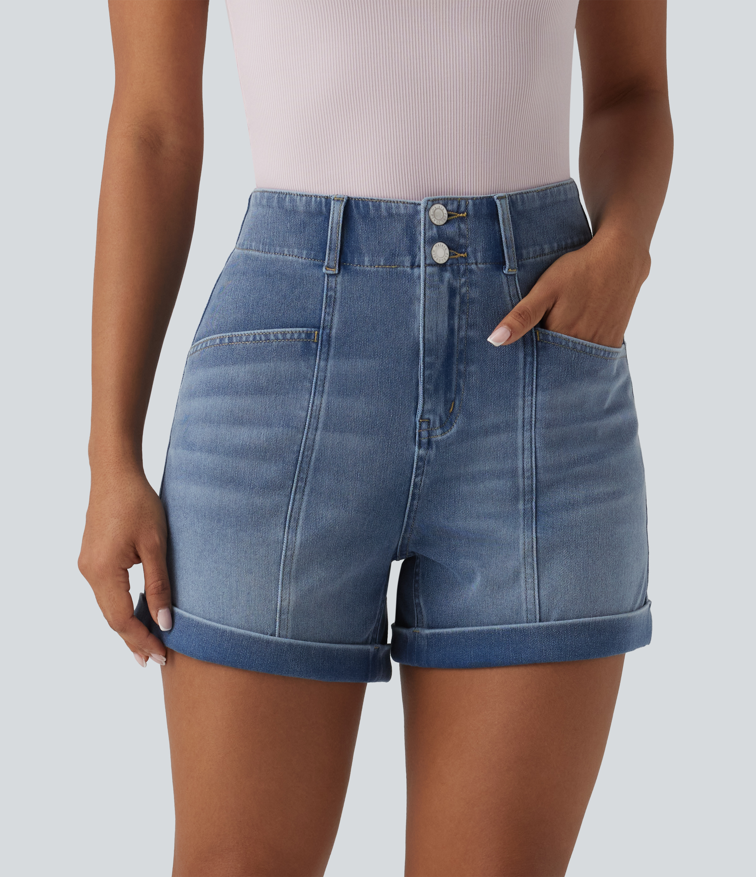 Halara Flex™ Short en jean casual taille haute ourlet roulé 10 cm avec poches