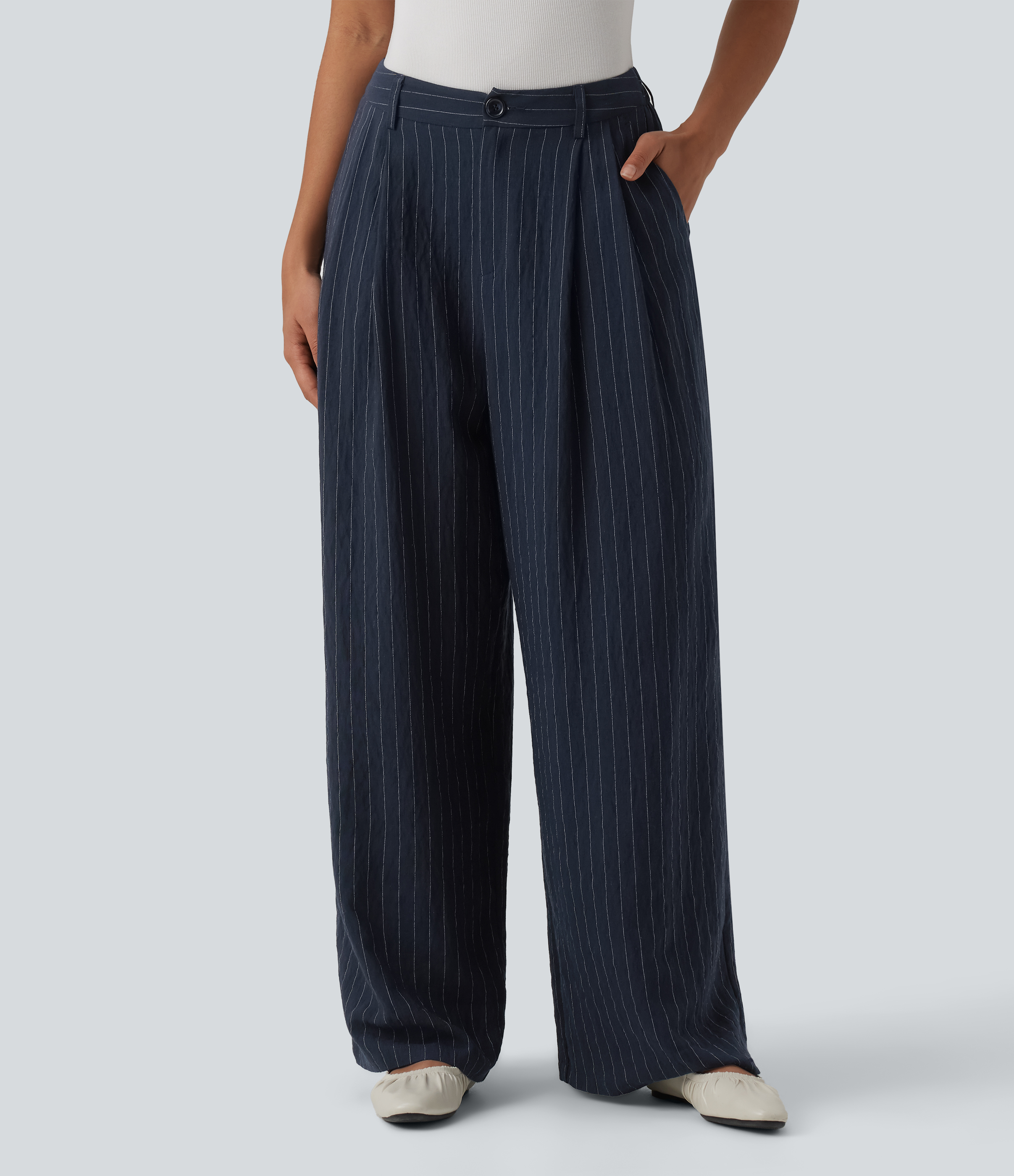 High Waisted Stripes Work Baggy Pants with Pockets