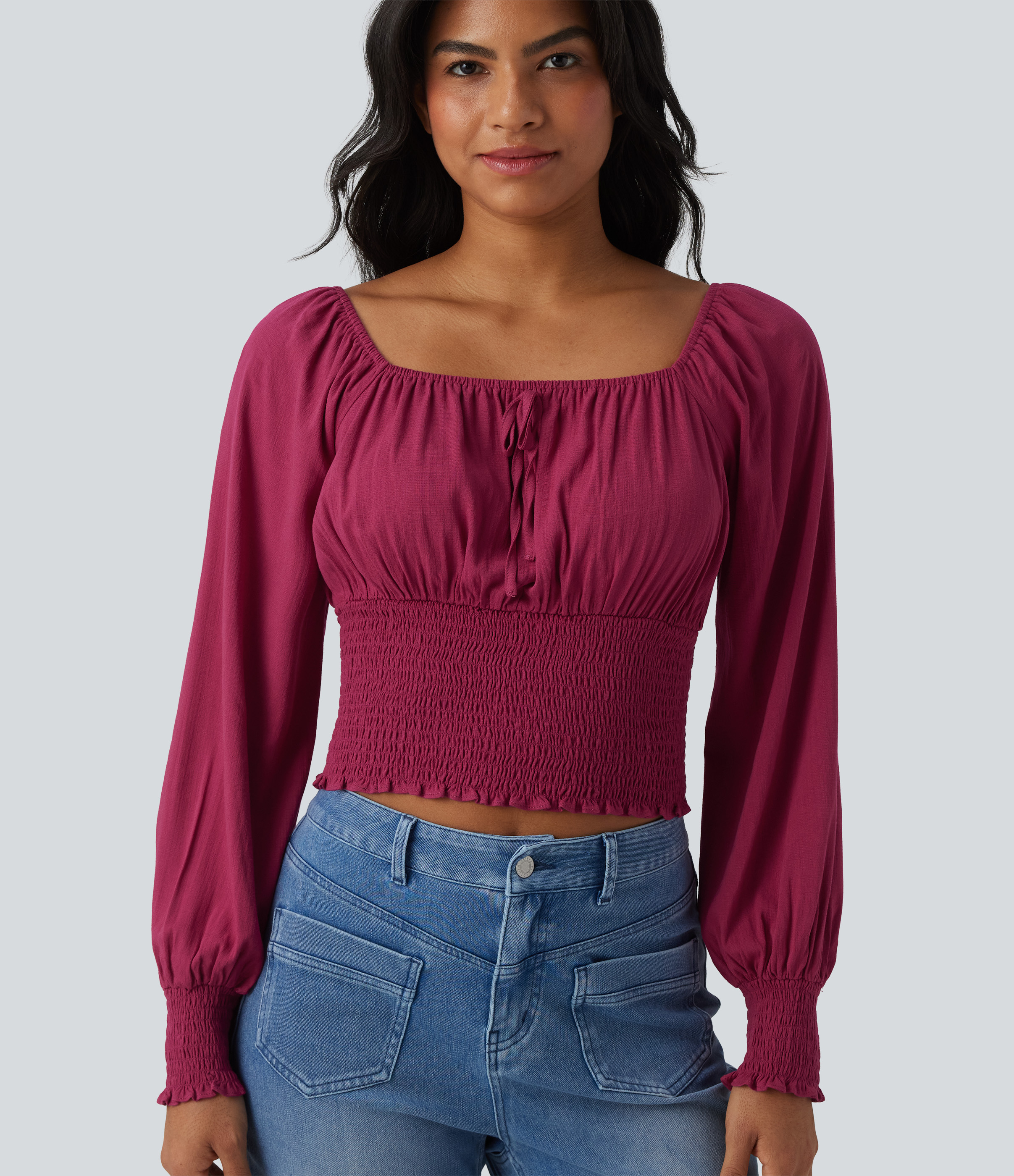 Square Neck Puff Sleeve Shirred Casual Blouse