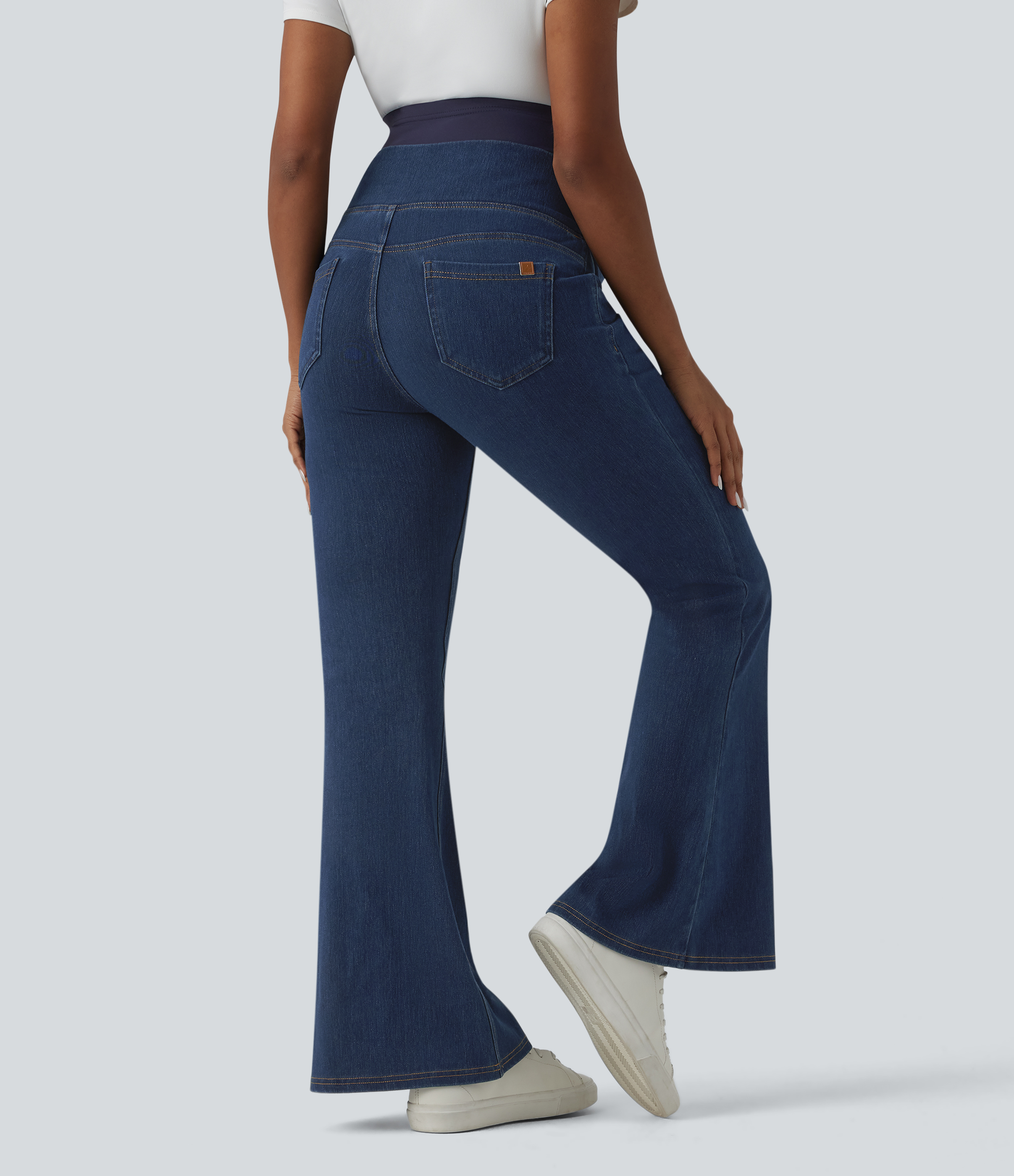 Estate Blue Denim Halara Flex™ Super High Waisted Crossover Flare Casual Maternity Jeans with Pockets / 2
