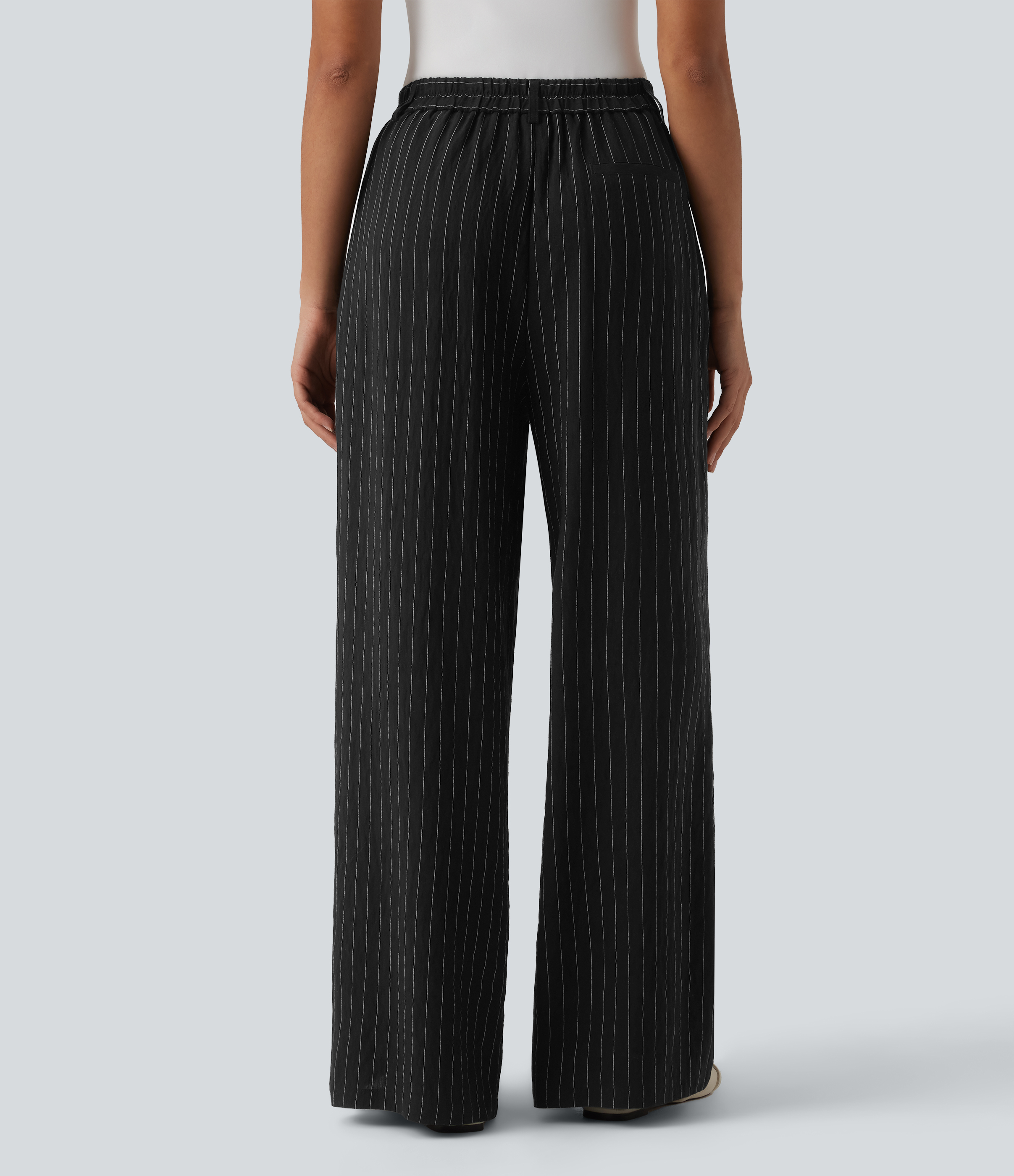 Black White Stripe High Waisted Stripes Work Baggy Trousers with Pockets / 2