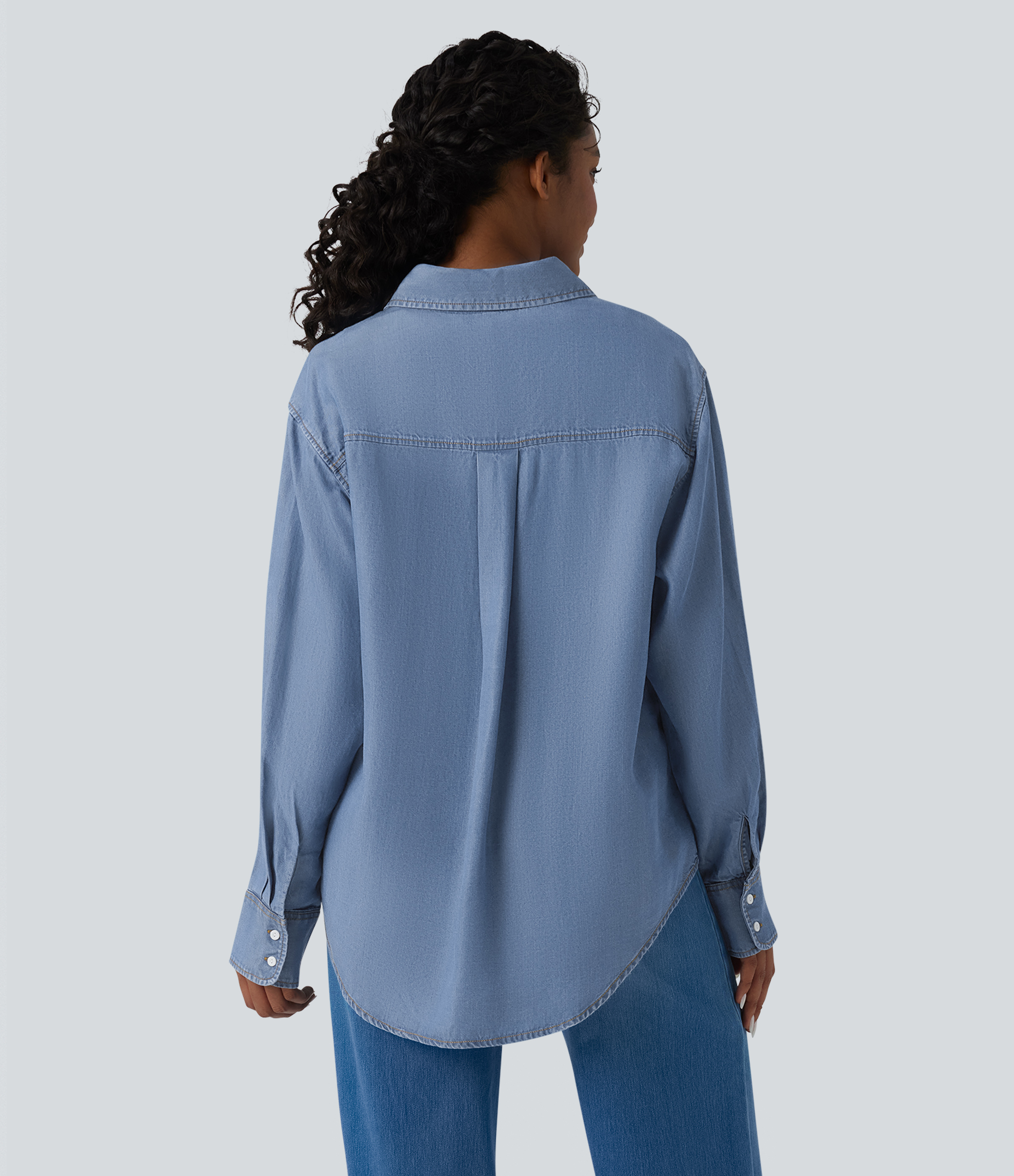 Tide Blue Denim Camisa casual de mezclilla de manga larga con bolsillos / 2