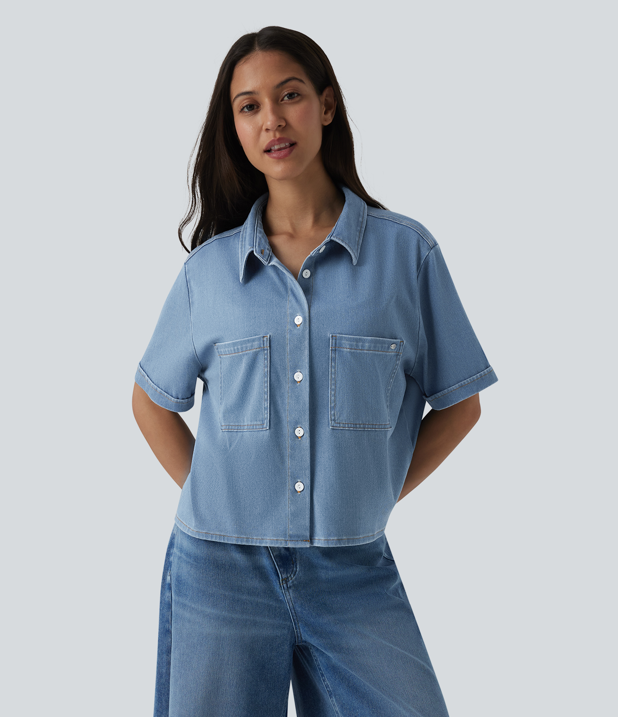 Halara Flex™ Short Sleeve Draped Lyocell Denim Casual Shirt with Pockets