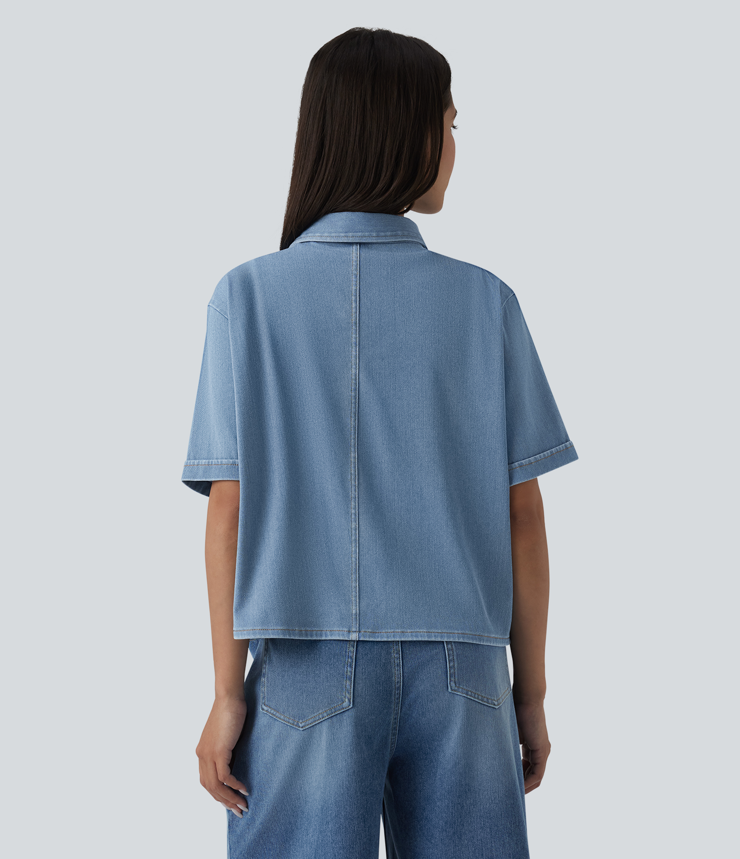 Malibu Blue Denim Halara Flex™ Chemise casual à manches courtes en denim lyocell drapé avec poches / 2