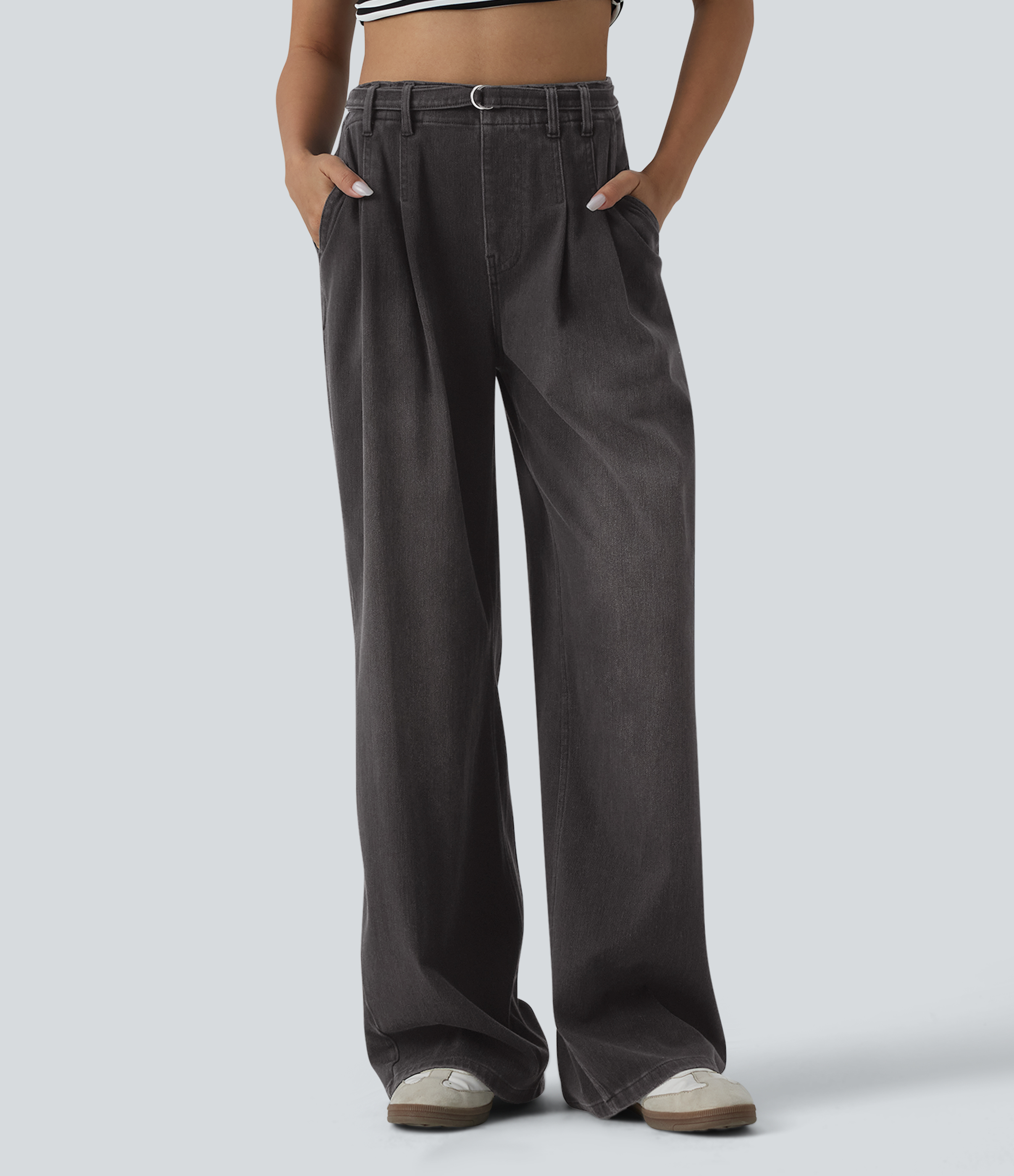 Halara Flex™ High Waisted Belted Wide Leg Casual Jeans with Pockets