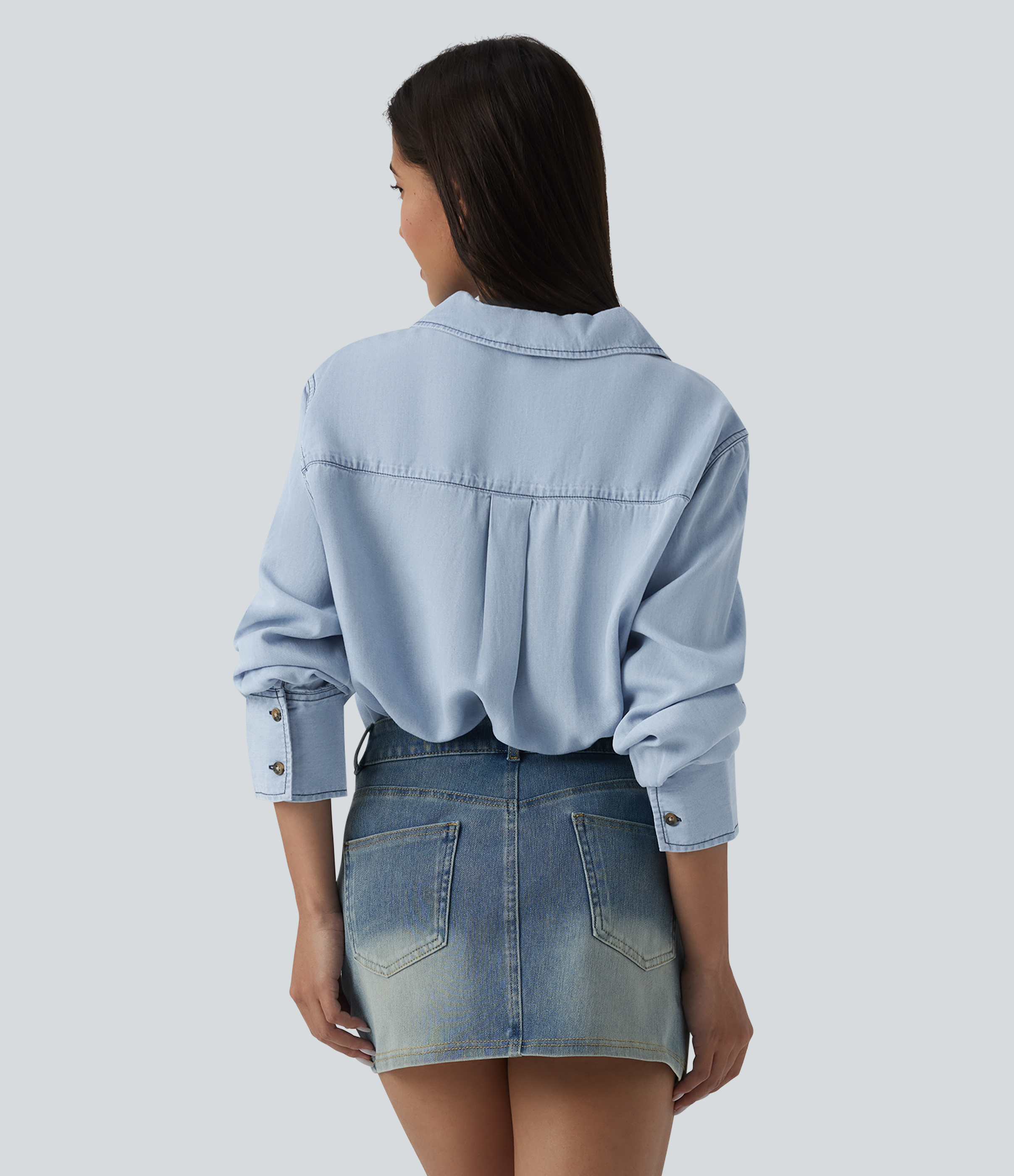 Baltic Sea Blue Denim V Neck Long Sleeve Denim Casual Blouse / 2