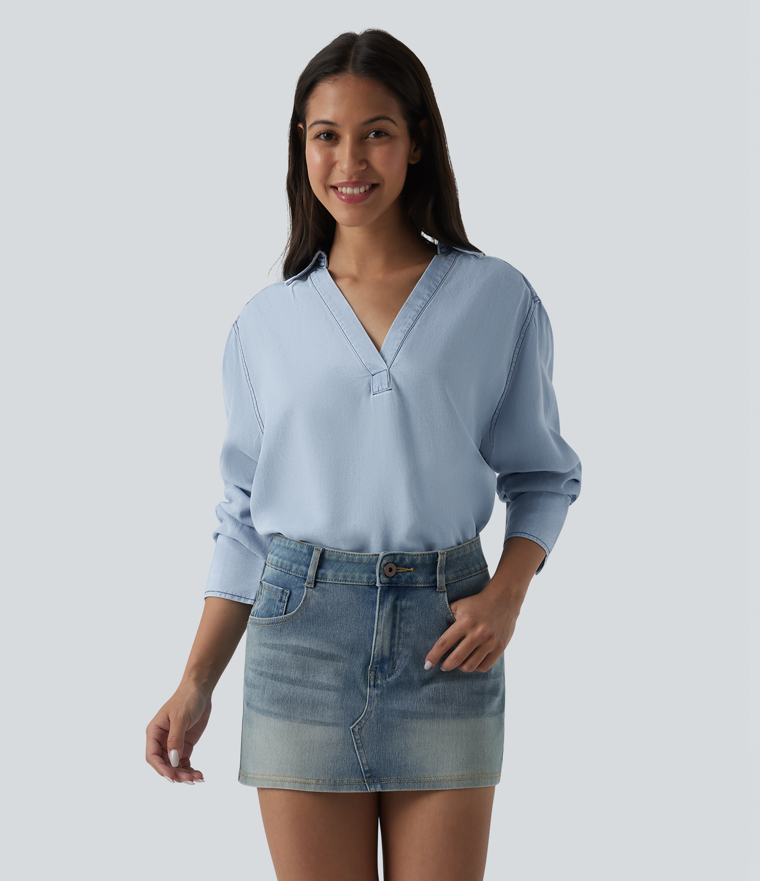 Blouse casual denim en lyocell col V manches longues