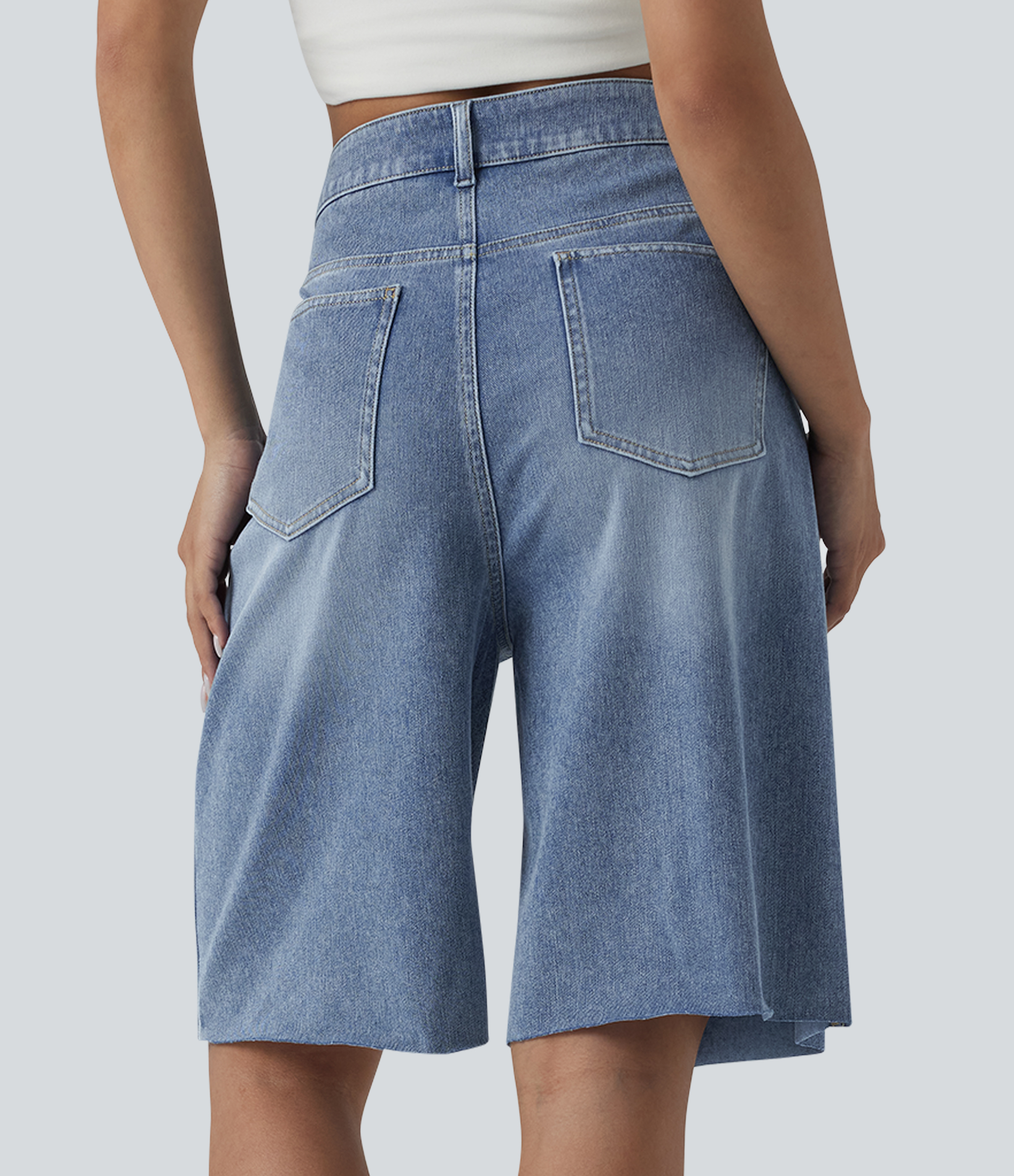 Powder Blue Denim Halara Flex™ Asymmetric High Waisted Denim Casual Shorts with Pockets / 2