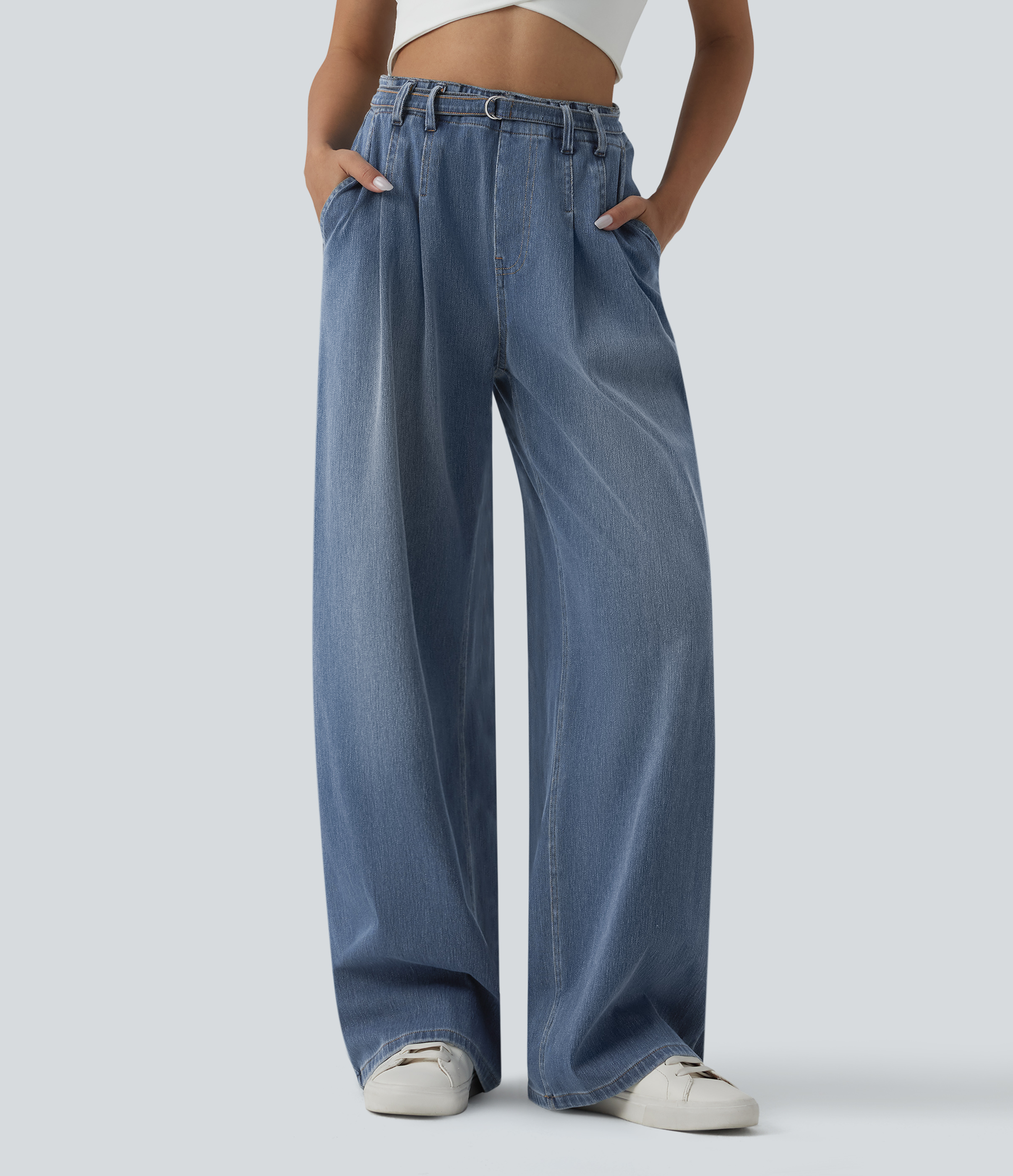 Halara Flex™ Lässige Jeans mit hohem Bund, weitem Bein, Gürtel und Taschen