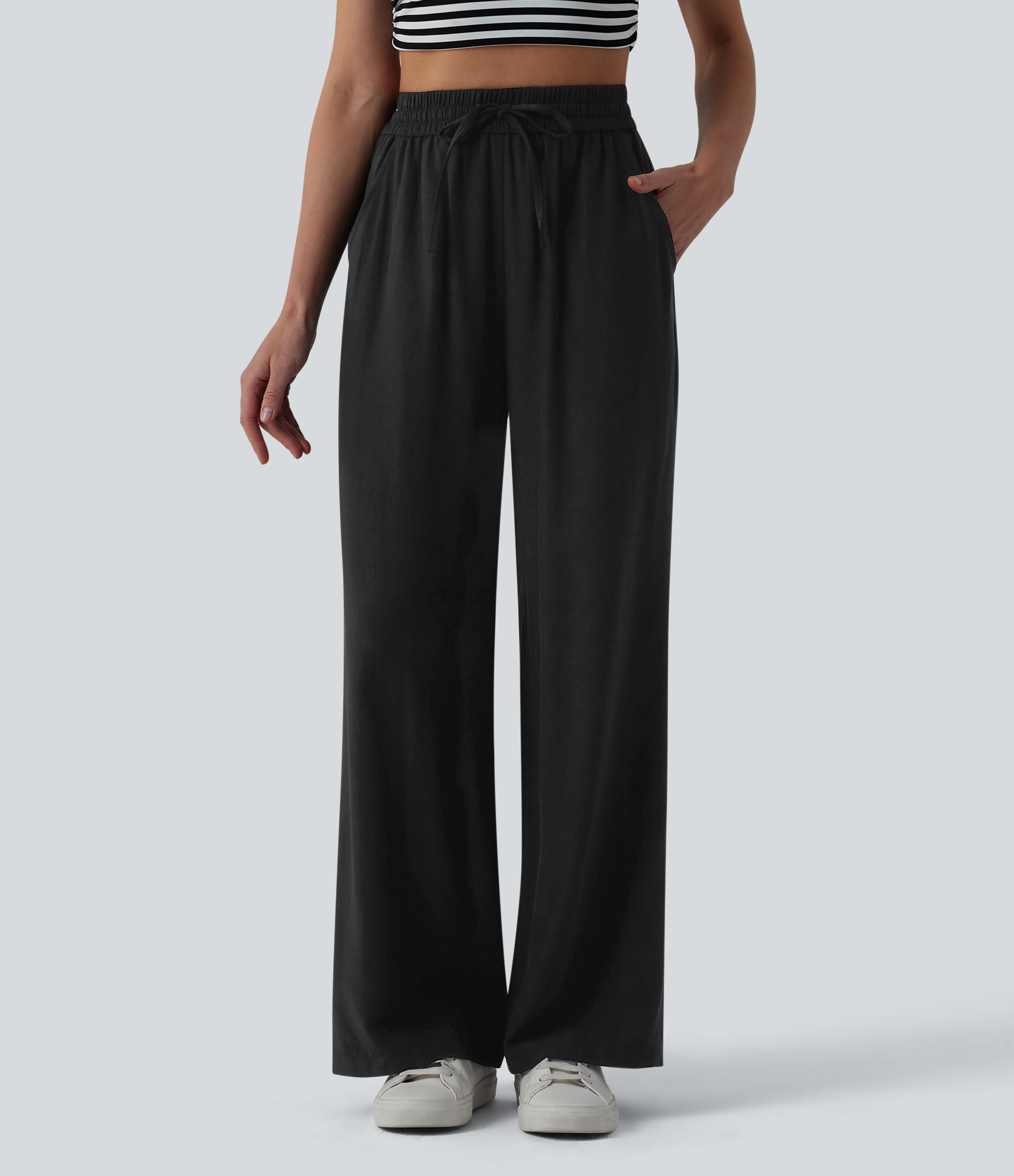 High Waisted Drawstring Wide Leg Casual Linen-Blend Trousers with Pockets