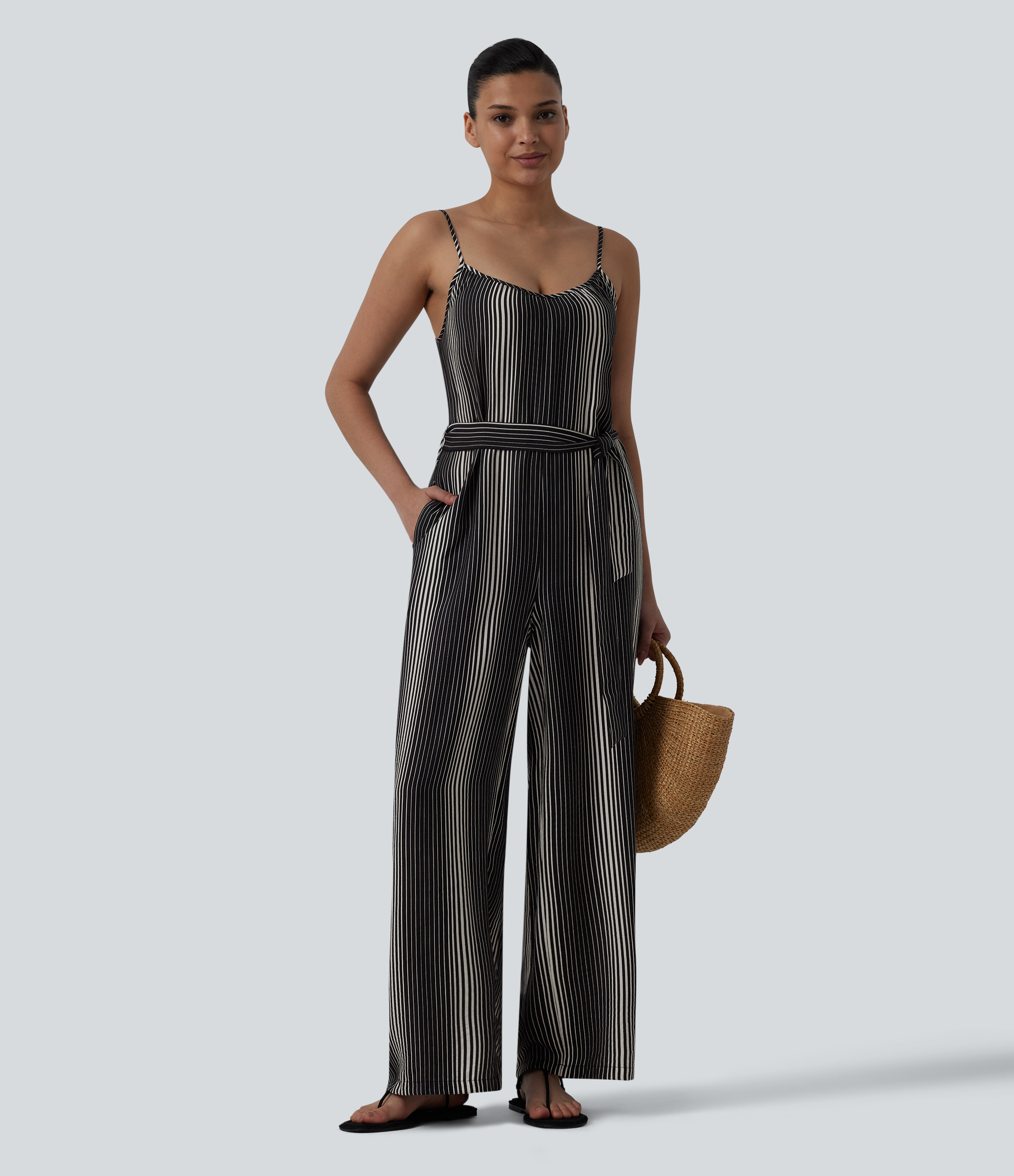 Tie Side Stripe Casual Slip Jumpsuit with Pockets