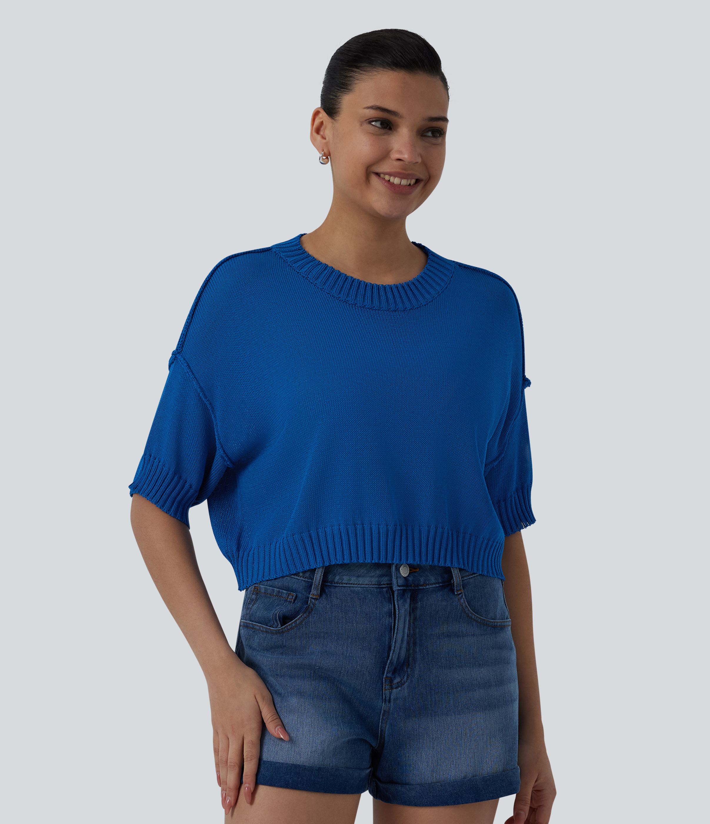 Round Neck Short Sleeve Cropped Casual Sweater