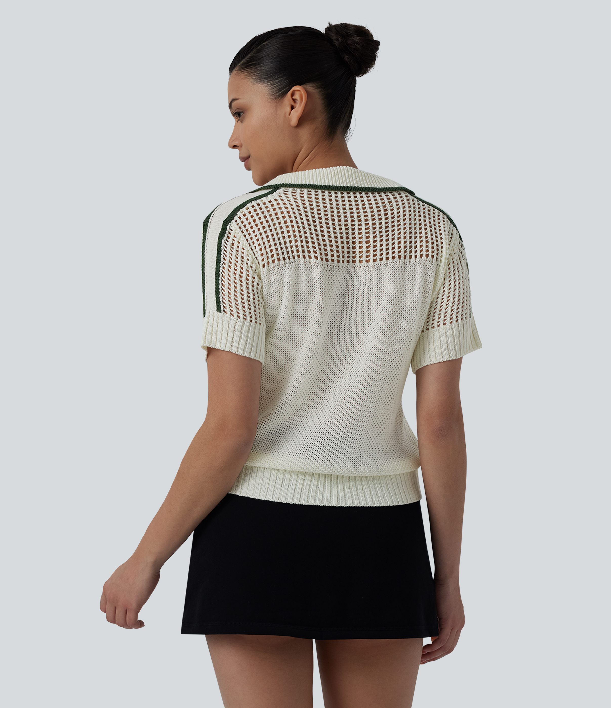 Pillowtalk - Light Beige Half Zip Short Sleeve Cut Out Color Block Casual Sweater / 2