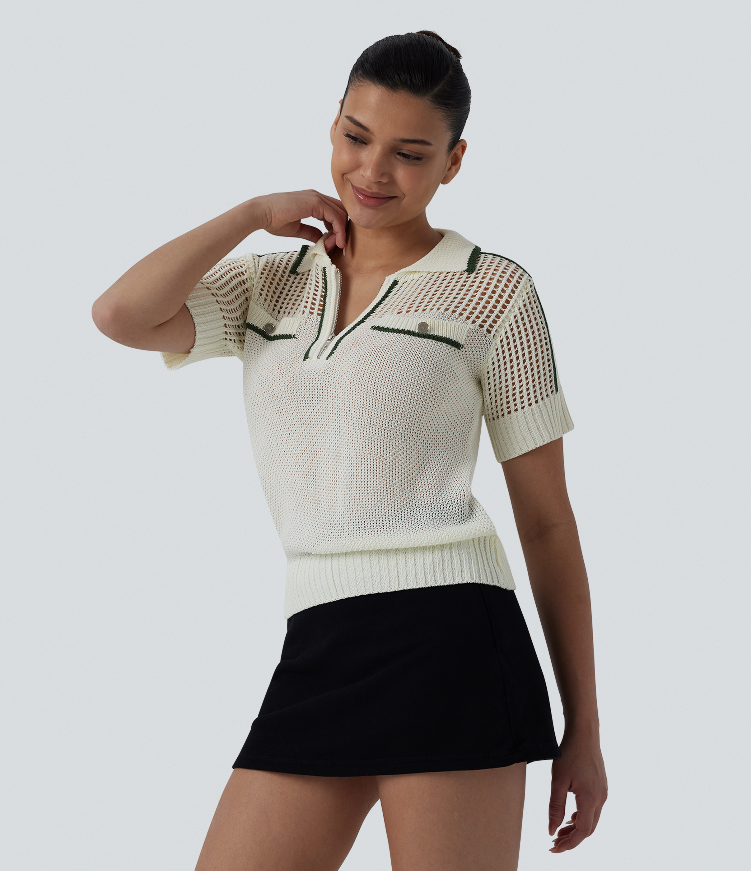 Half Zip Short Sleeve Cut Out Color Block Casual Sweater