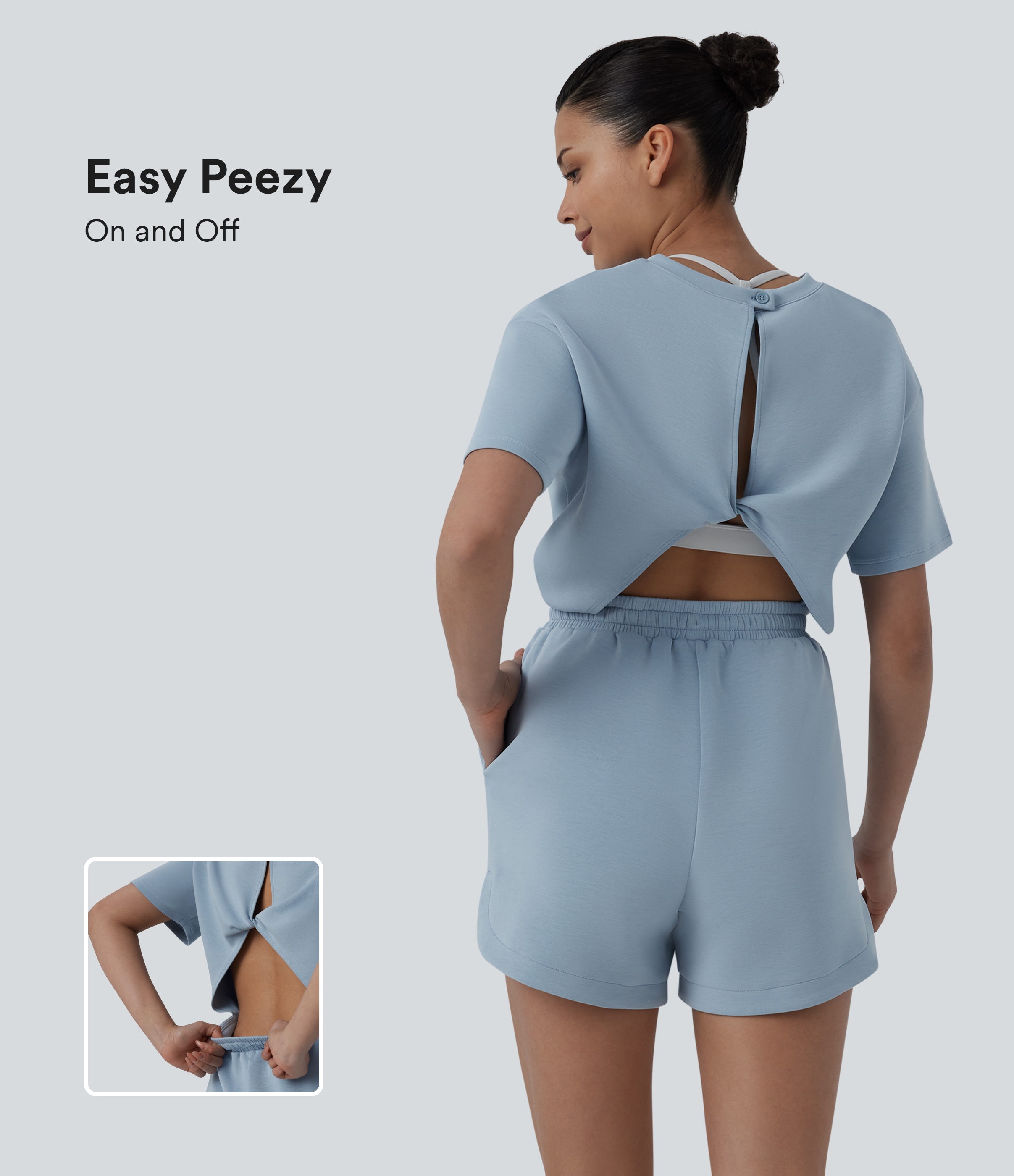 SpacerTek™ Round Neck Short Sleeve Twist Back Drawstring Curved Hem Casual Playsuit with Pockets-Easy Peezy