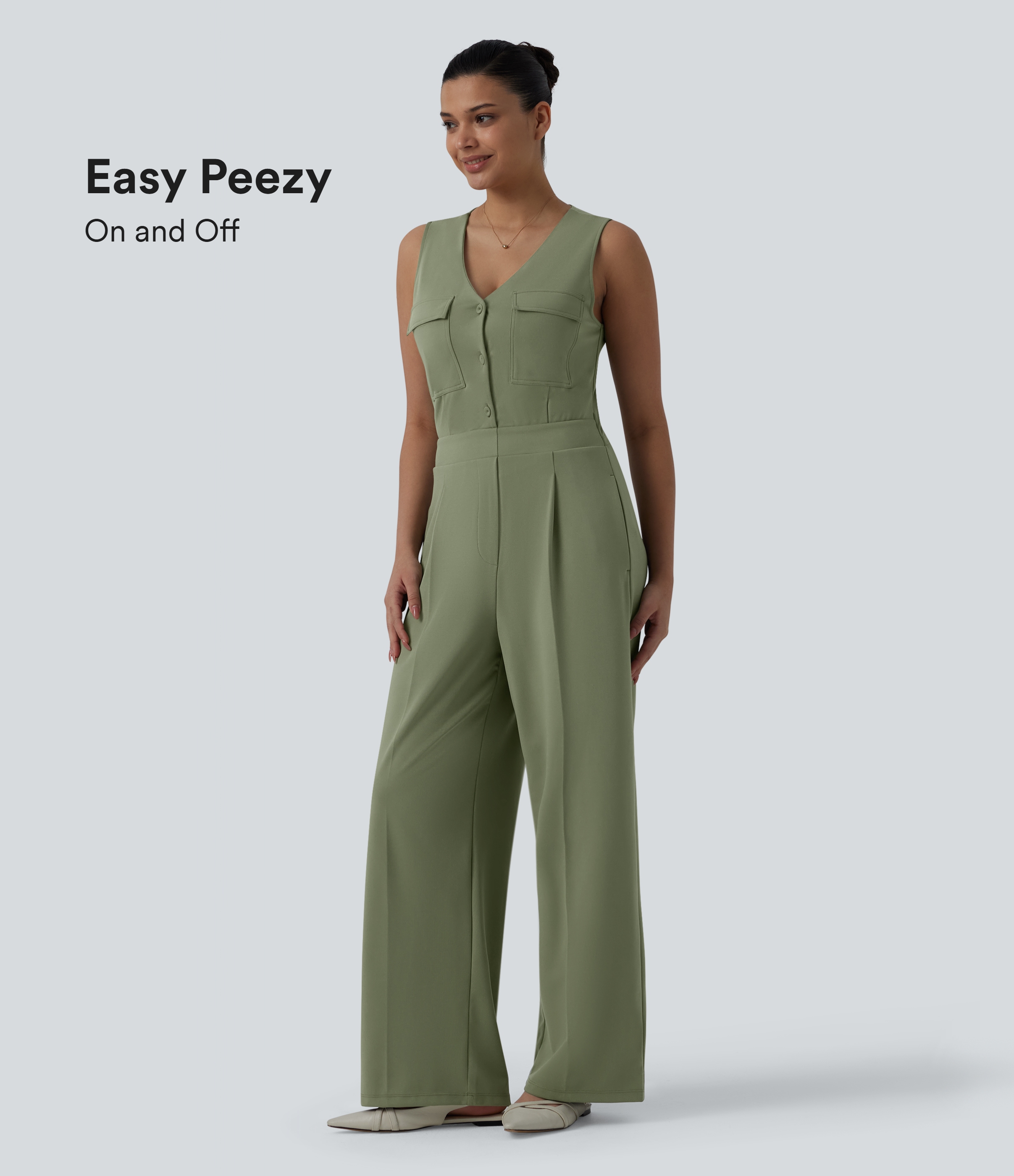 V-neck Sleeveless Pleated Work Jumpsuit with Pockets-Easy Peezy