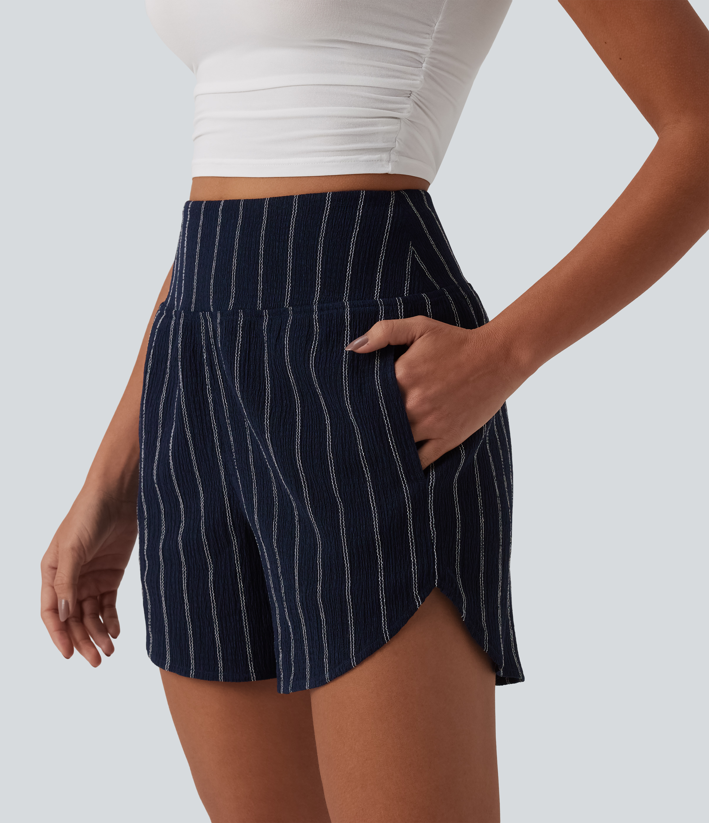 High Waisted Curved Hem Stripe Casual Shorts with Pockets