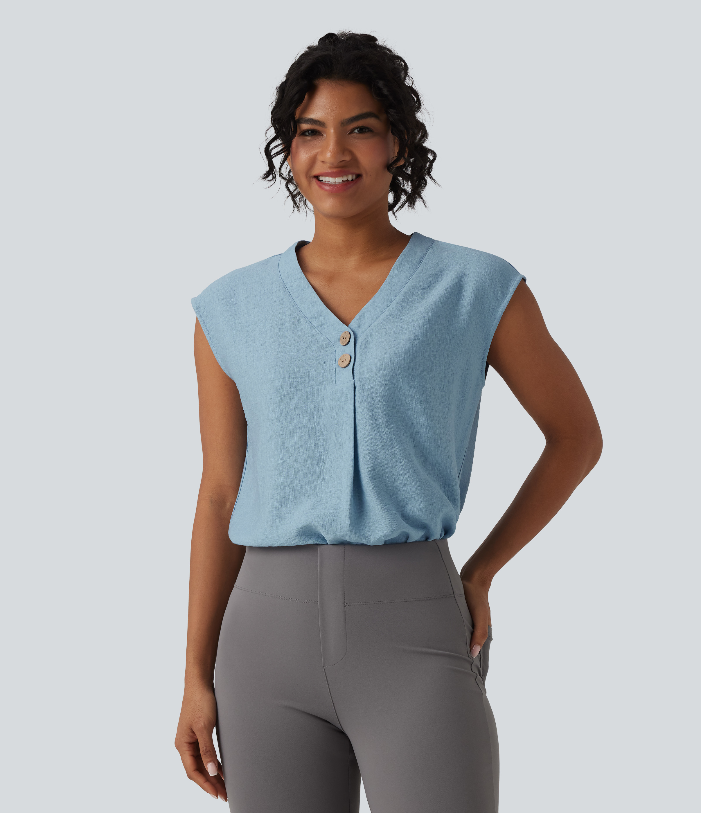 V Neck Cap Sleeve Decorative Work Blouse