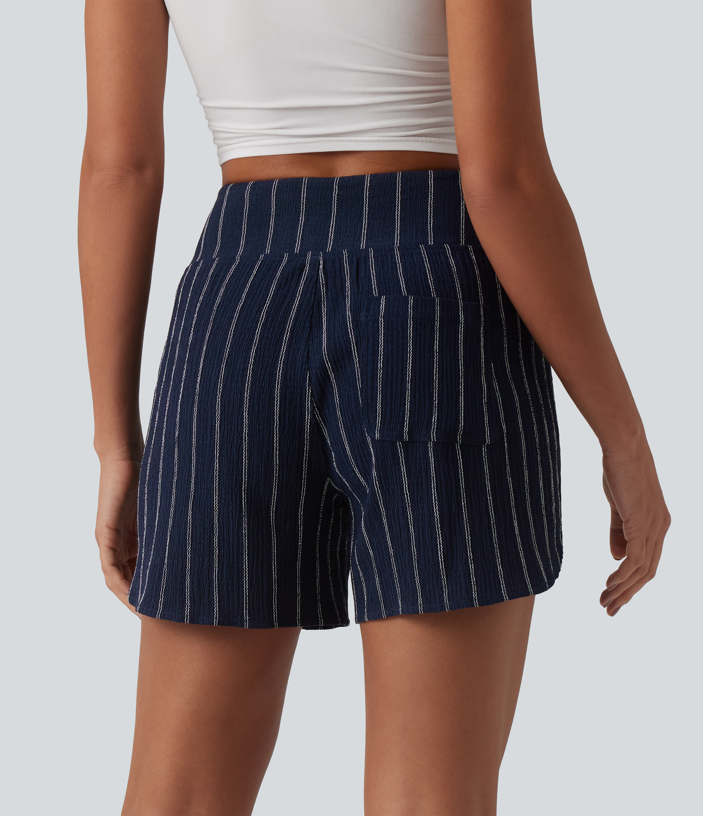 Navy Dual Stripe High Waisted Curved Hem Stripe Casual Shorts with Pockets / 2