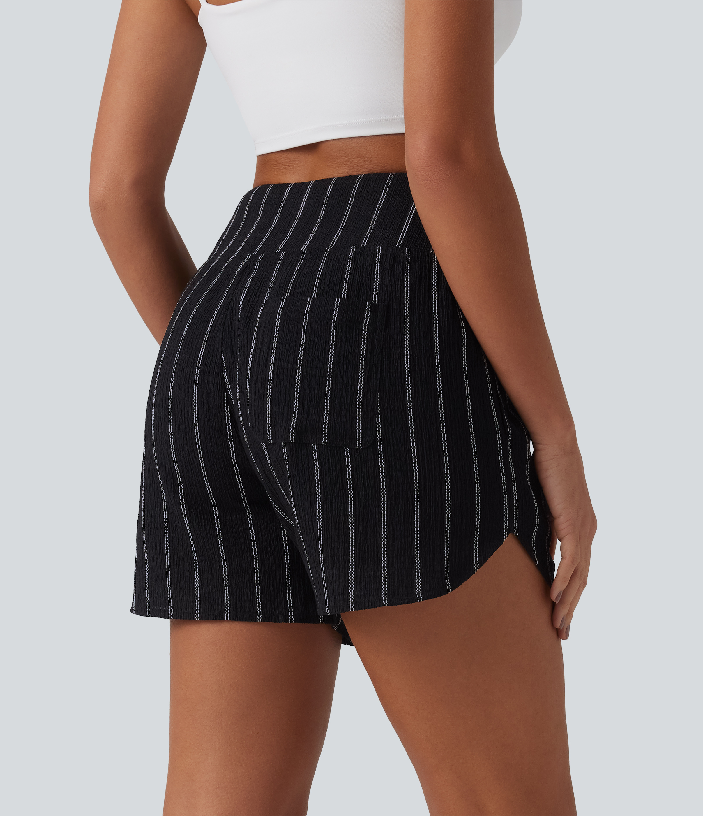 Night Dual Stripe Short casual taille haute ourlet arrondi rayures avec poches / 2