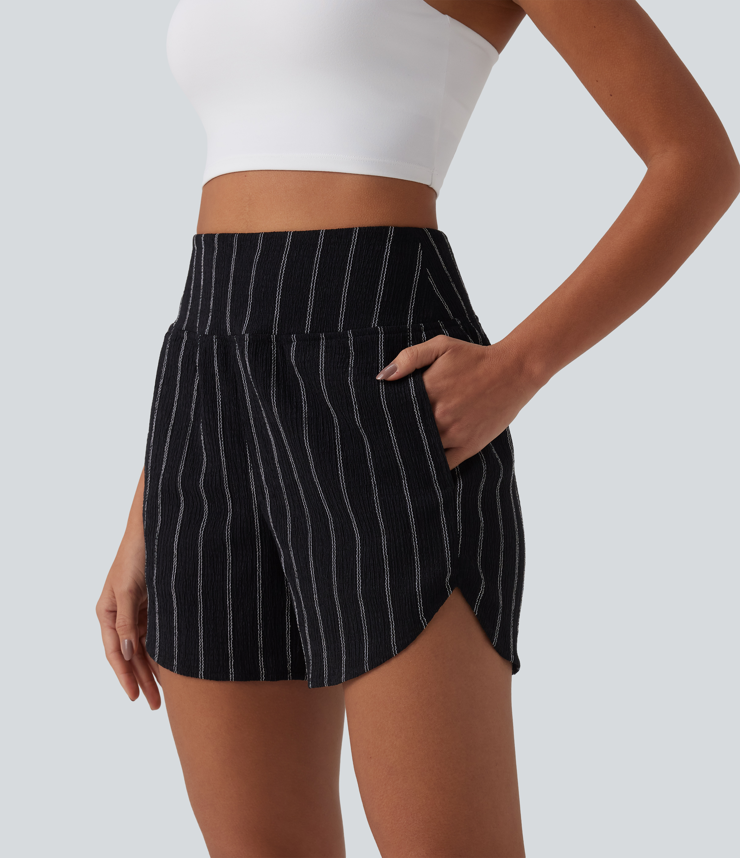 High Waisted Curved Hem Stripe Casual Shorts with Pockets