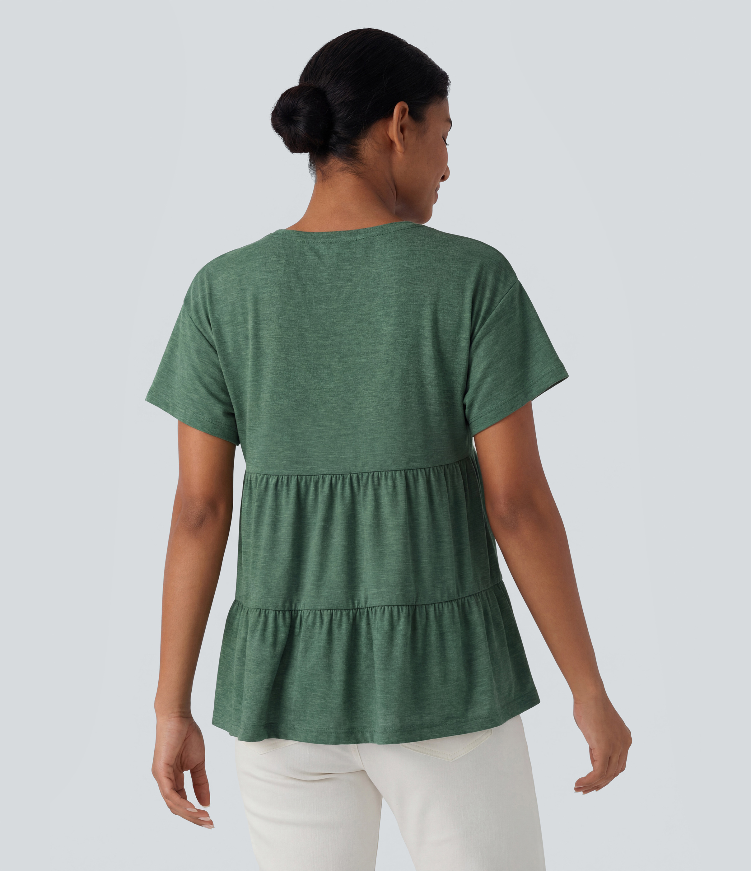 Camiseta baby-doll de cuello redondo, manga corta, dobladillo con volantes, jaspeada, de estilo casual