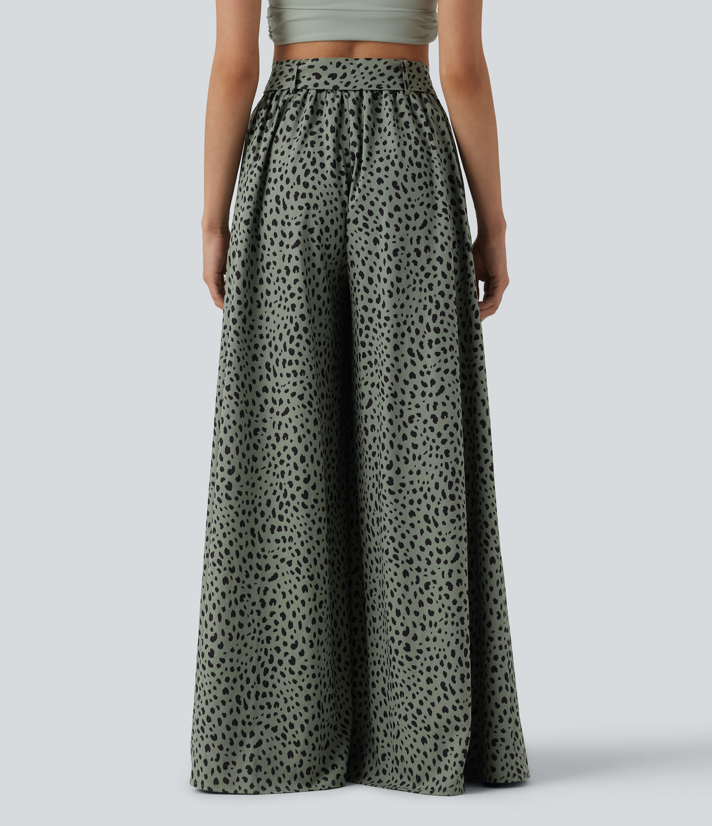 Agave Green Pantalon décontracté taille haute à nouer à l'avant, coupe large, imprimé léopard, avec poches / 2