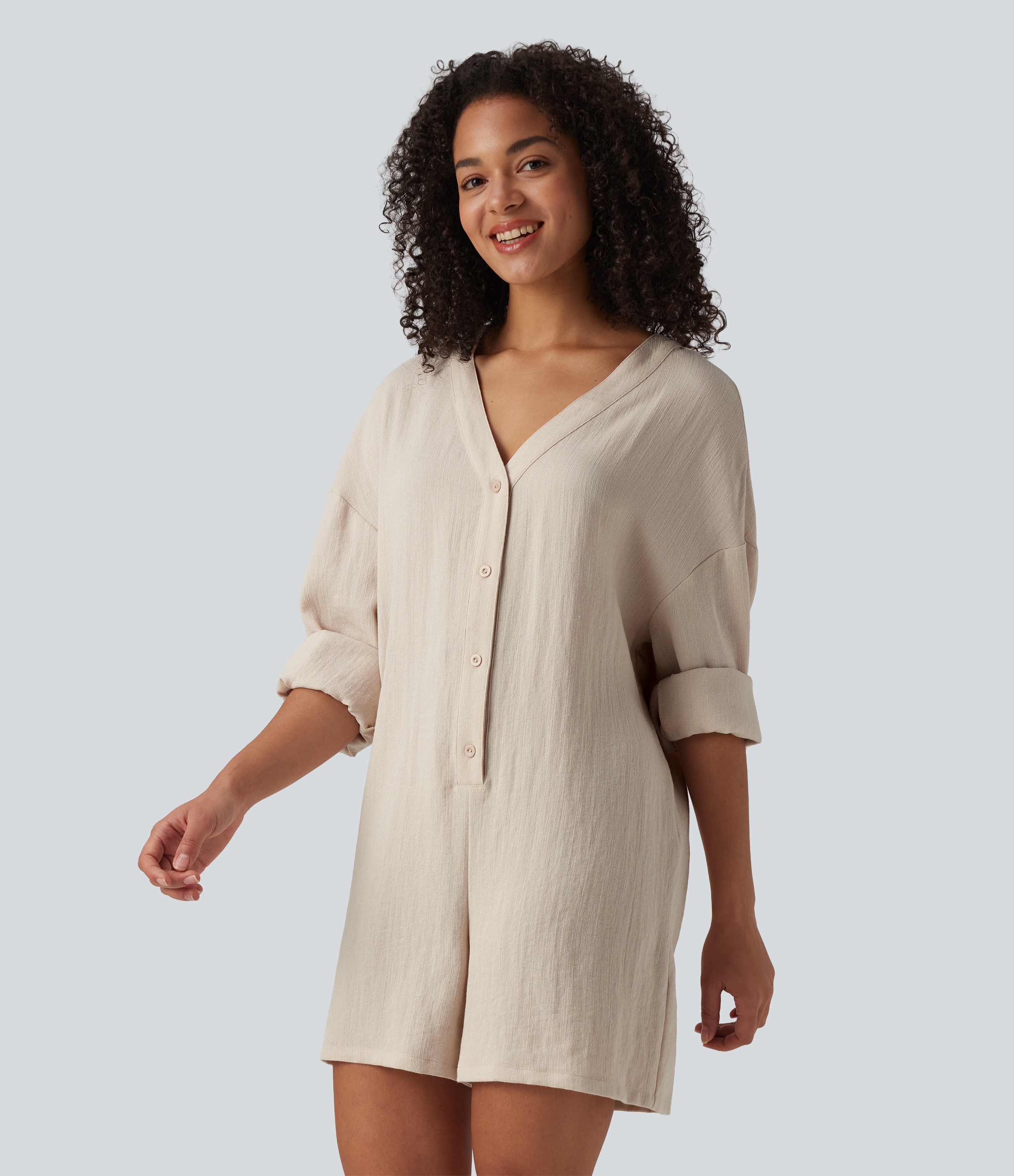 V-neck Long Sleeve Button Linen-Feel Casual Romper