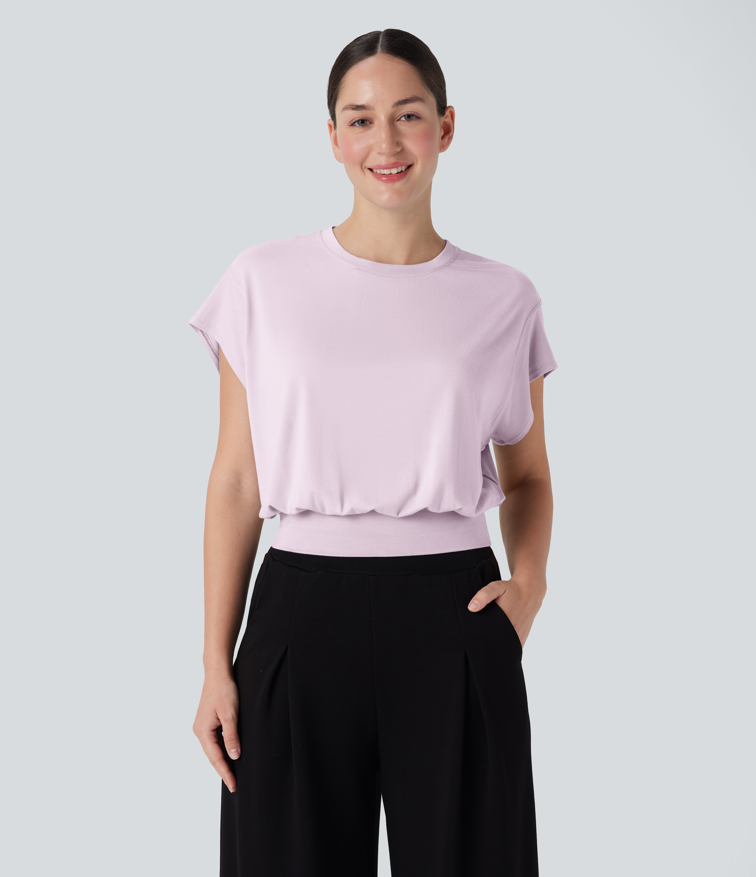 T-shirt de travail à col rond et manches chauve-souris courtes