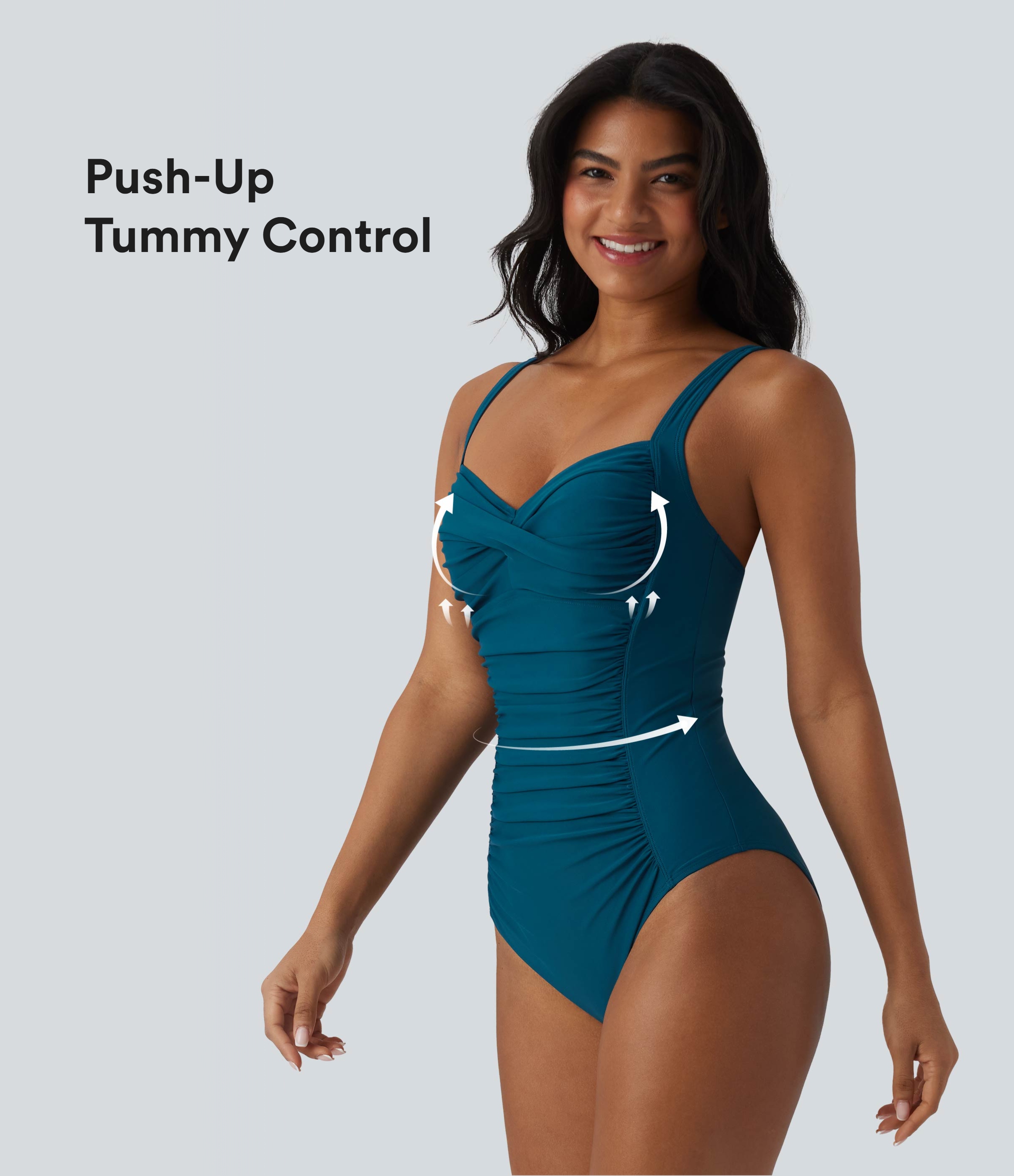 Geraffter Badeanzug mit Queen-Anne-Ausschnitt, verstellbaren Trägern und Bauchkontrolle - Push-Up