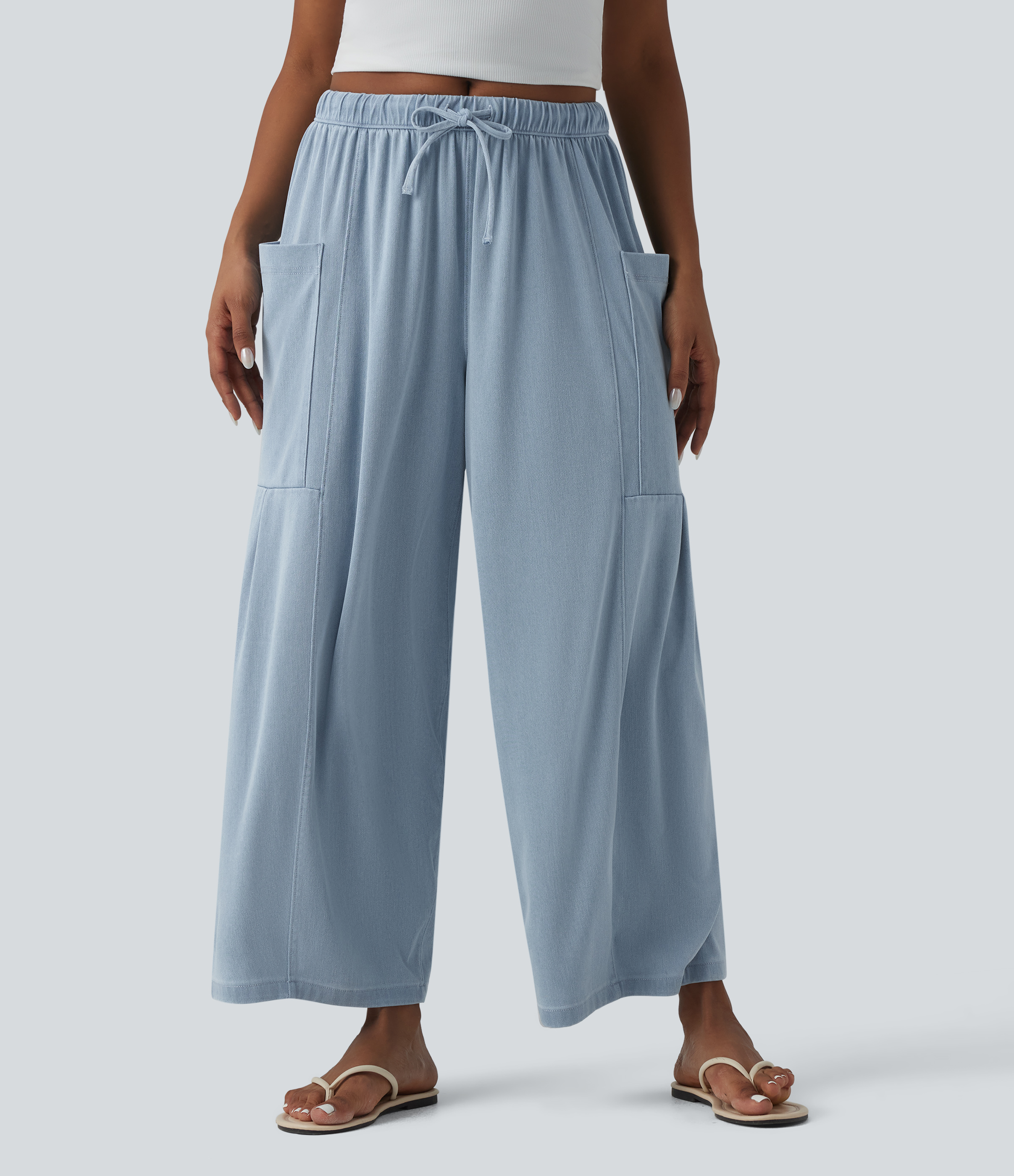 Halara Flex™ Mid Rise Drawstring Wide Leg Draped Lyocell Casual Jeans with Pockets