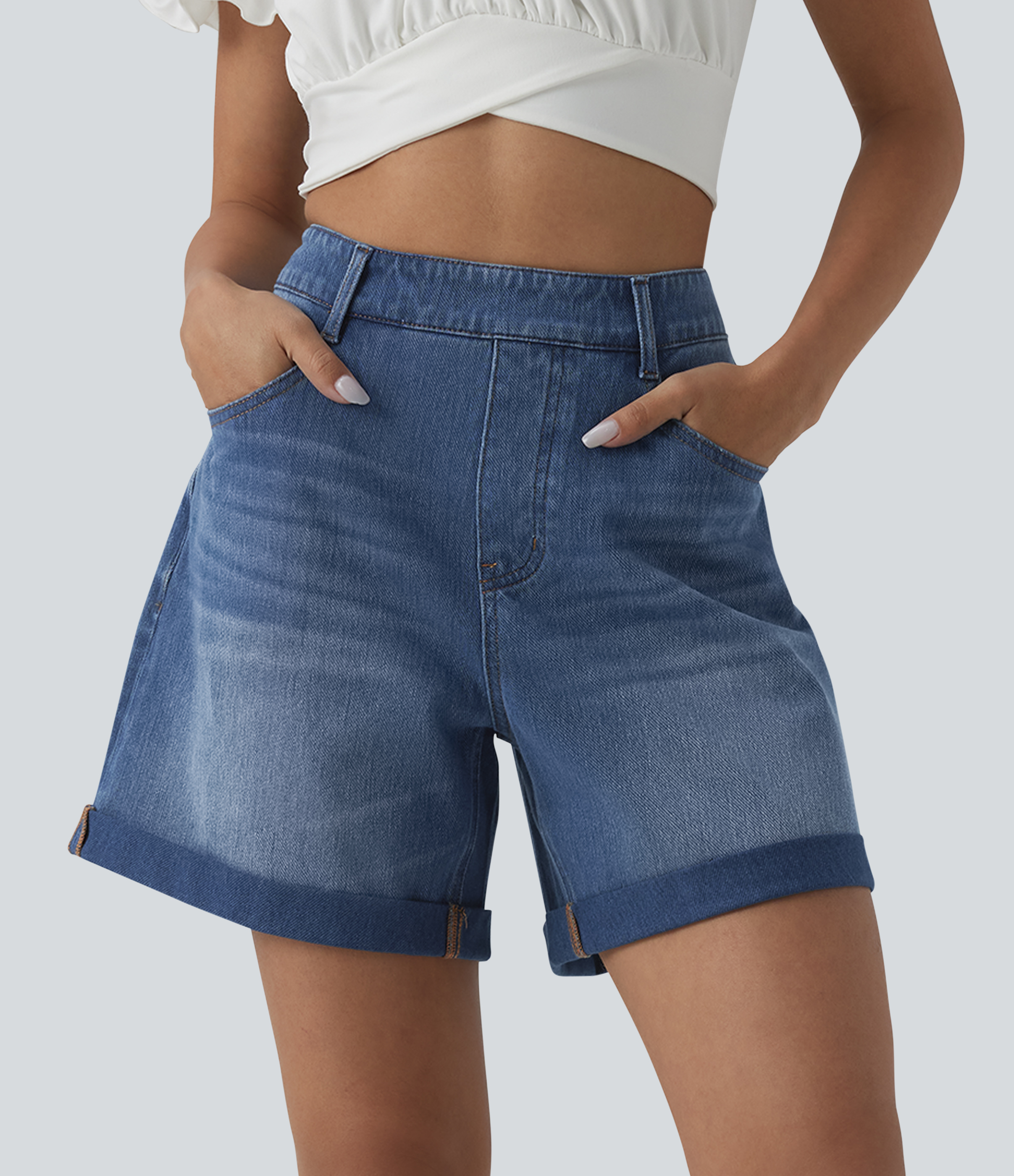 Halara Flex™ tailored shorts, loose-fitting casual denim with rolled hem and high waist, and pockets