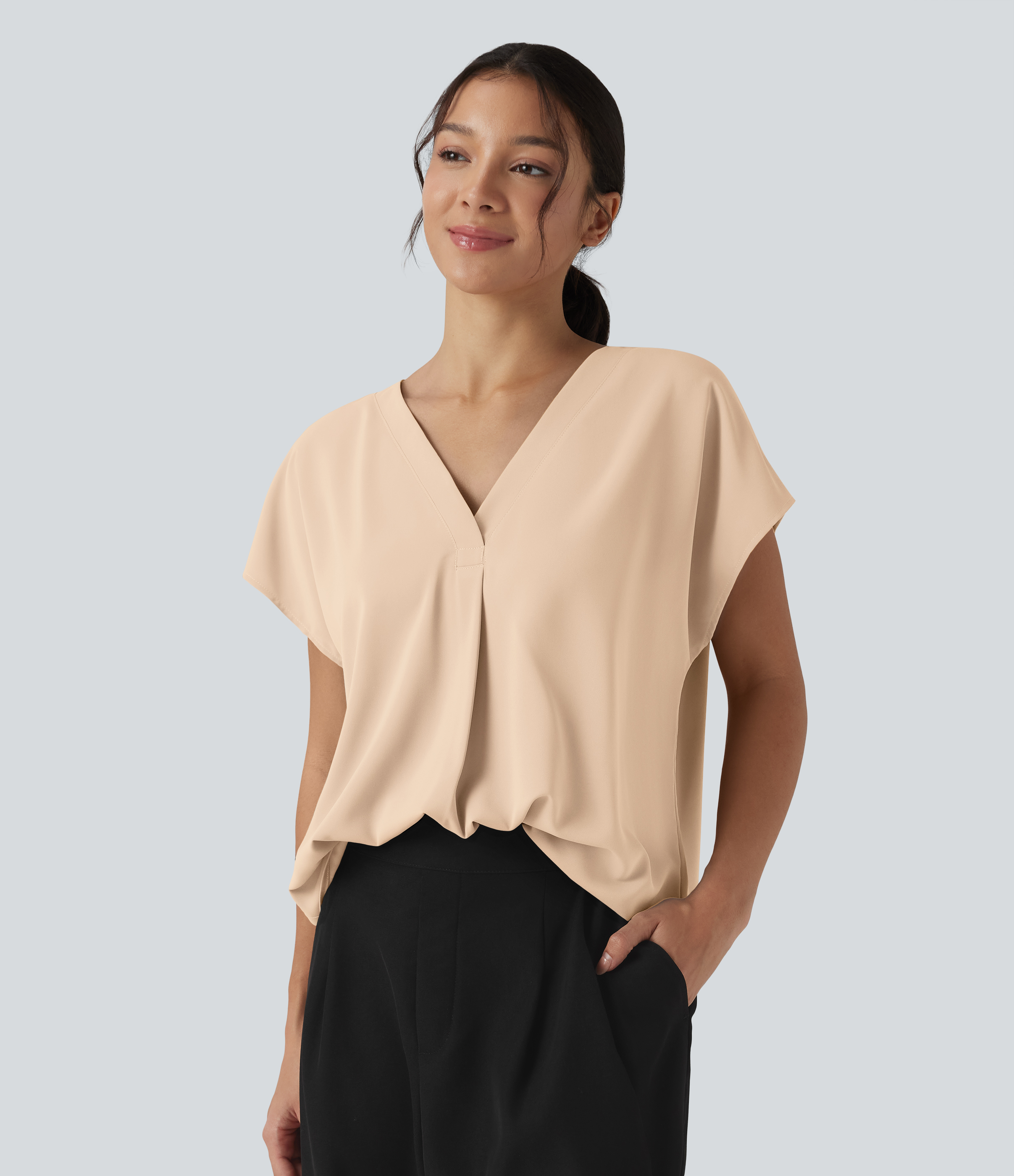 Wrinkle-resistant V-neck Short Sleeve Oversized Work Blouse
