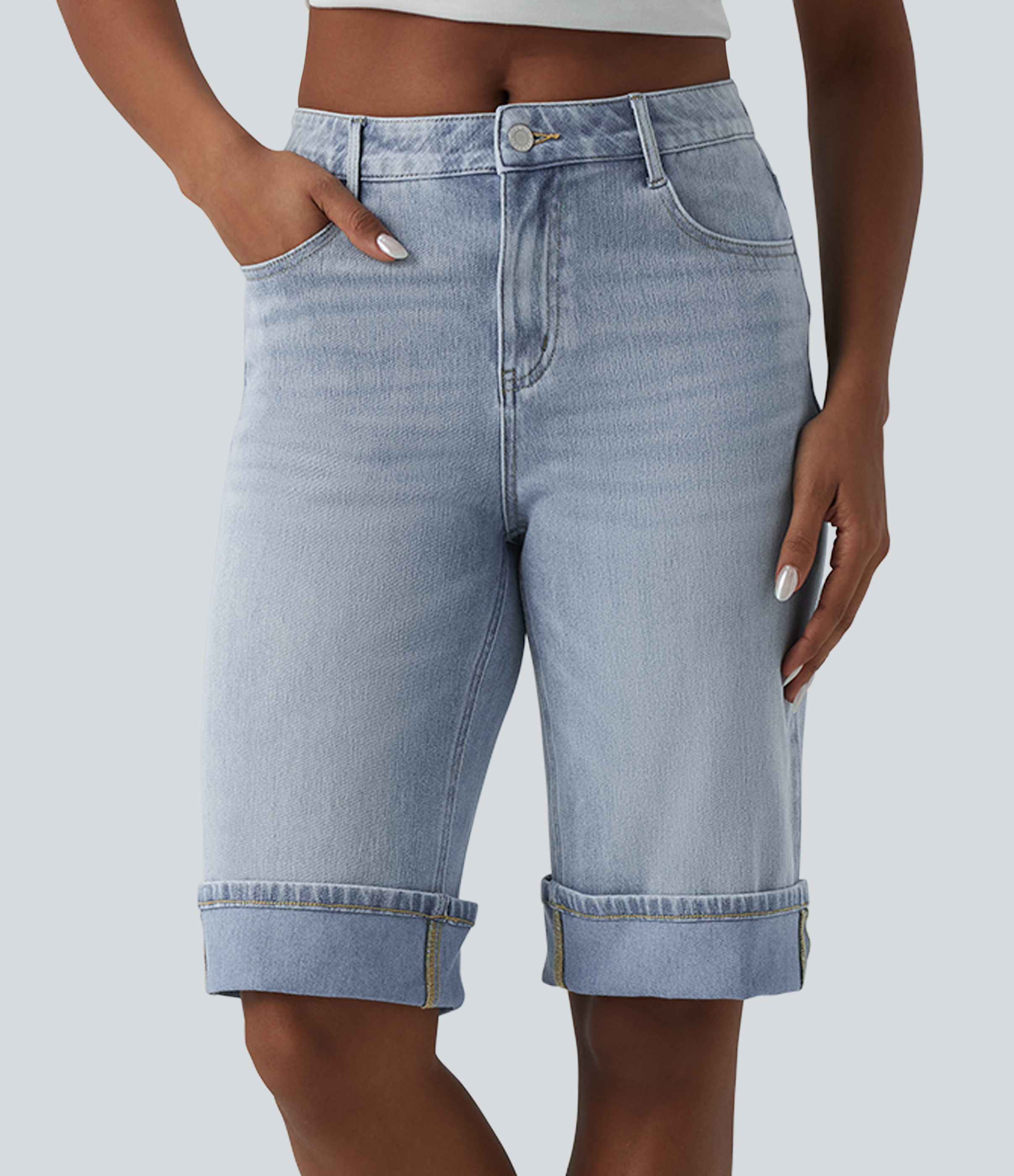 Halara Flex™ - Lässige Denim-Shorts mit mittelhohem Bund und mehreren Taschen