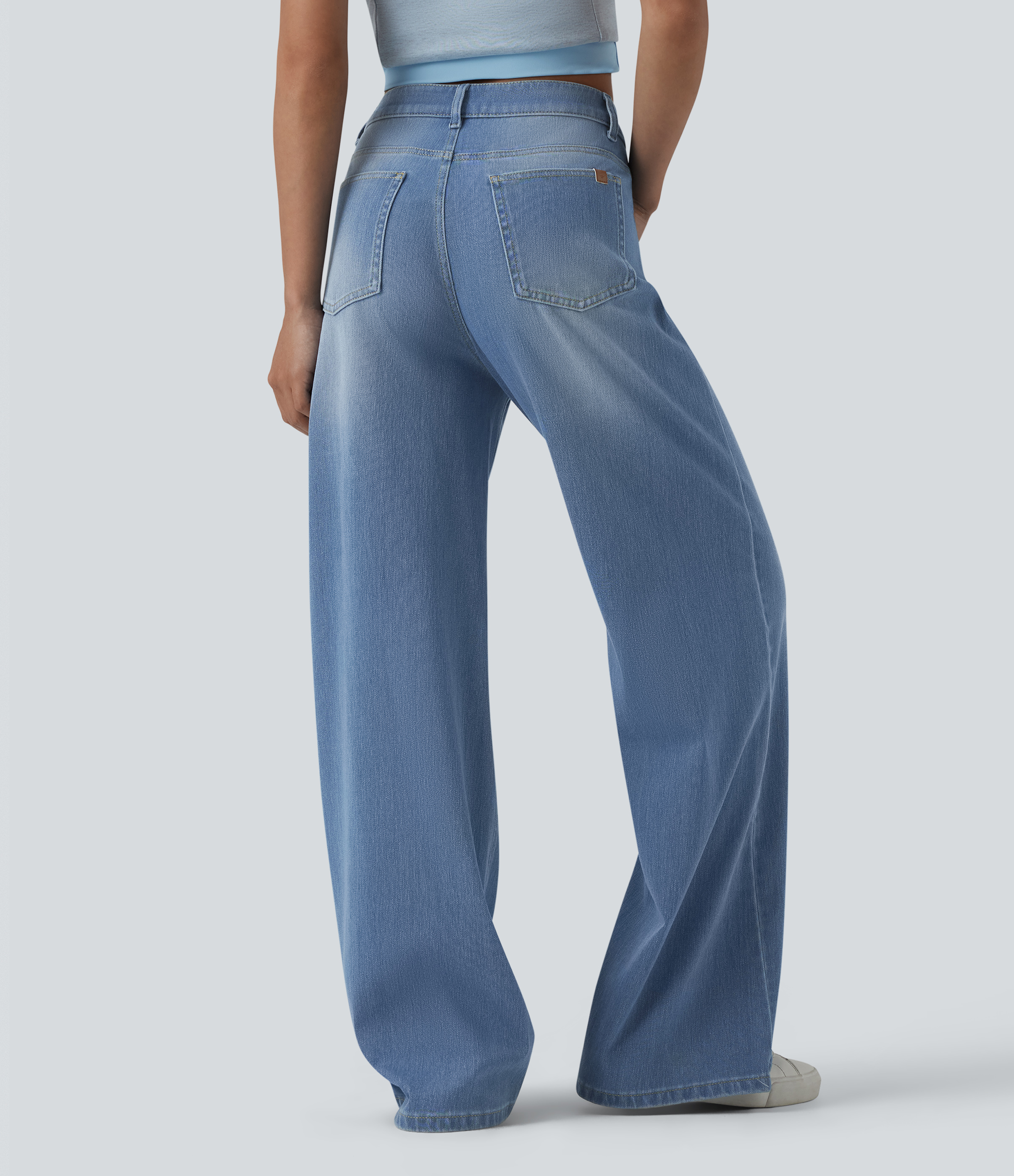 Powder Blue Denim Halara Flex™ High Waisted Wide Leg Washed Casual Jeans with Pockets / 2