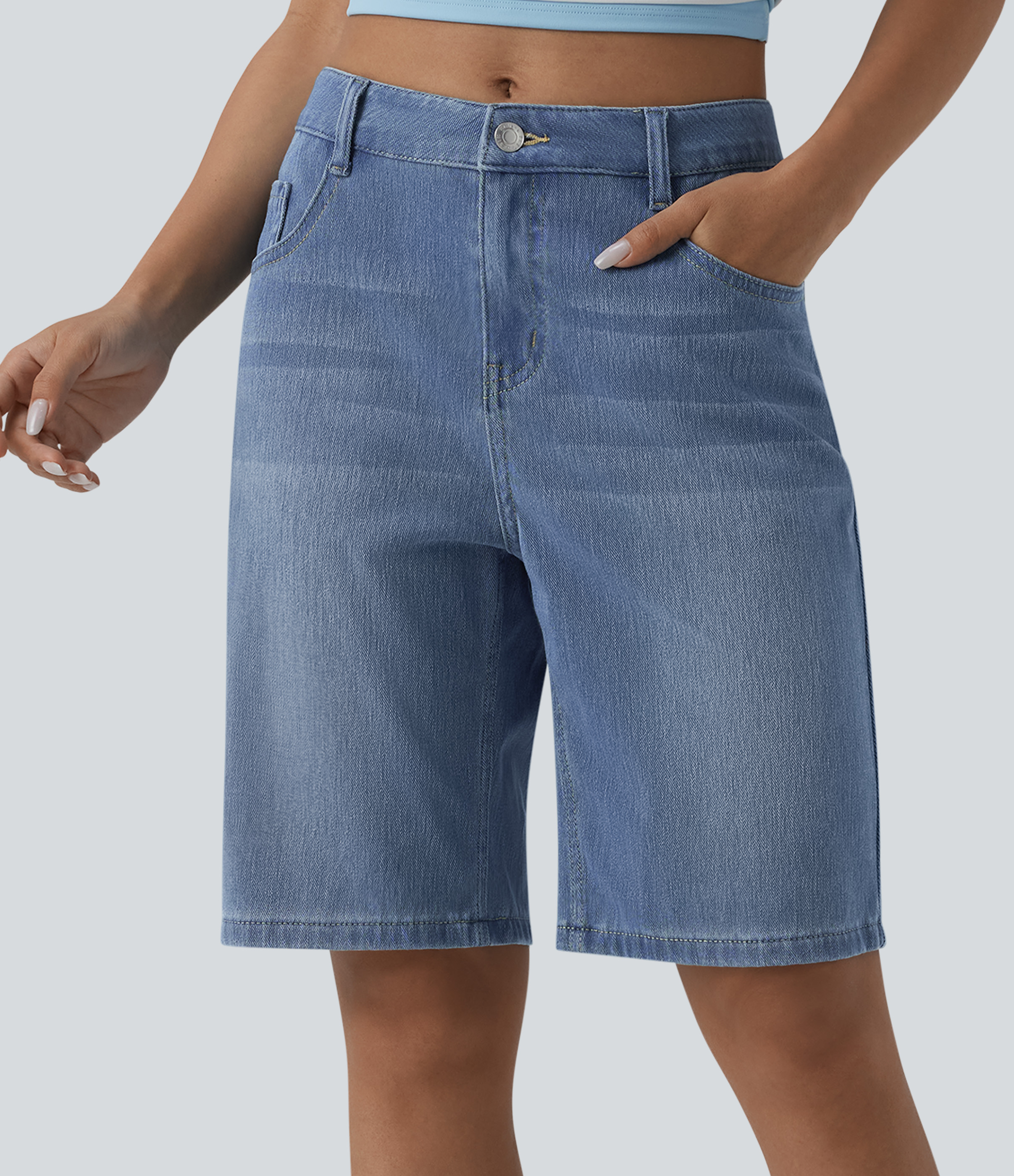 Halara Flex™ - Lässige Bermuda-Shorts aus Denim mit mittelhohem Bund und mehreren Taschen