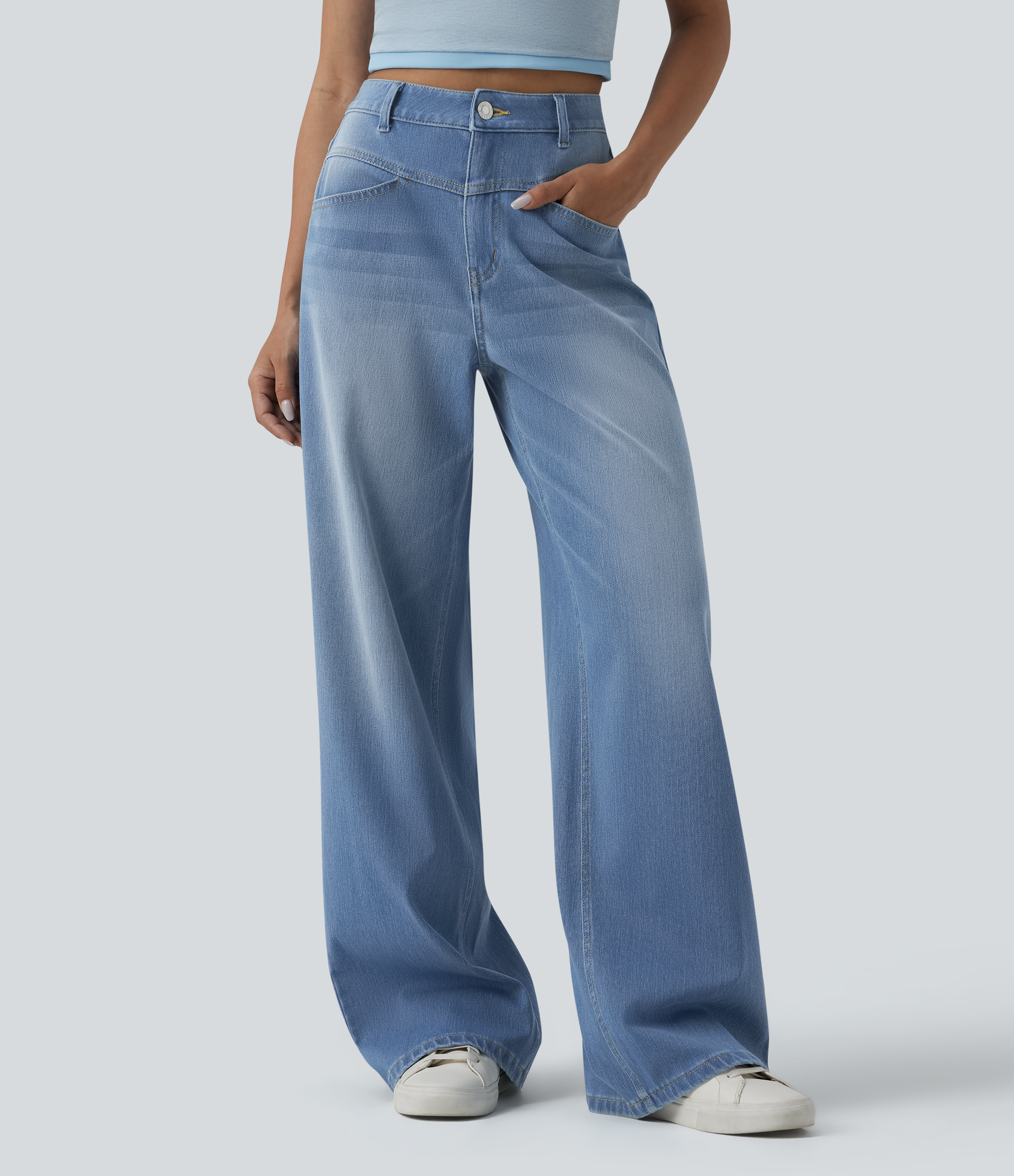 Halara Flex™ High Waisted Wide Leg Washed Casual Jeans with Pockets