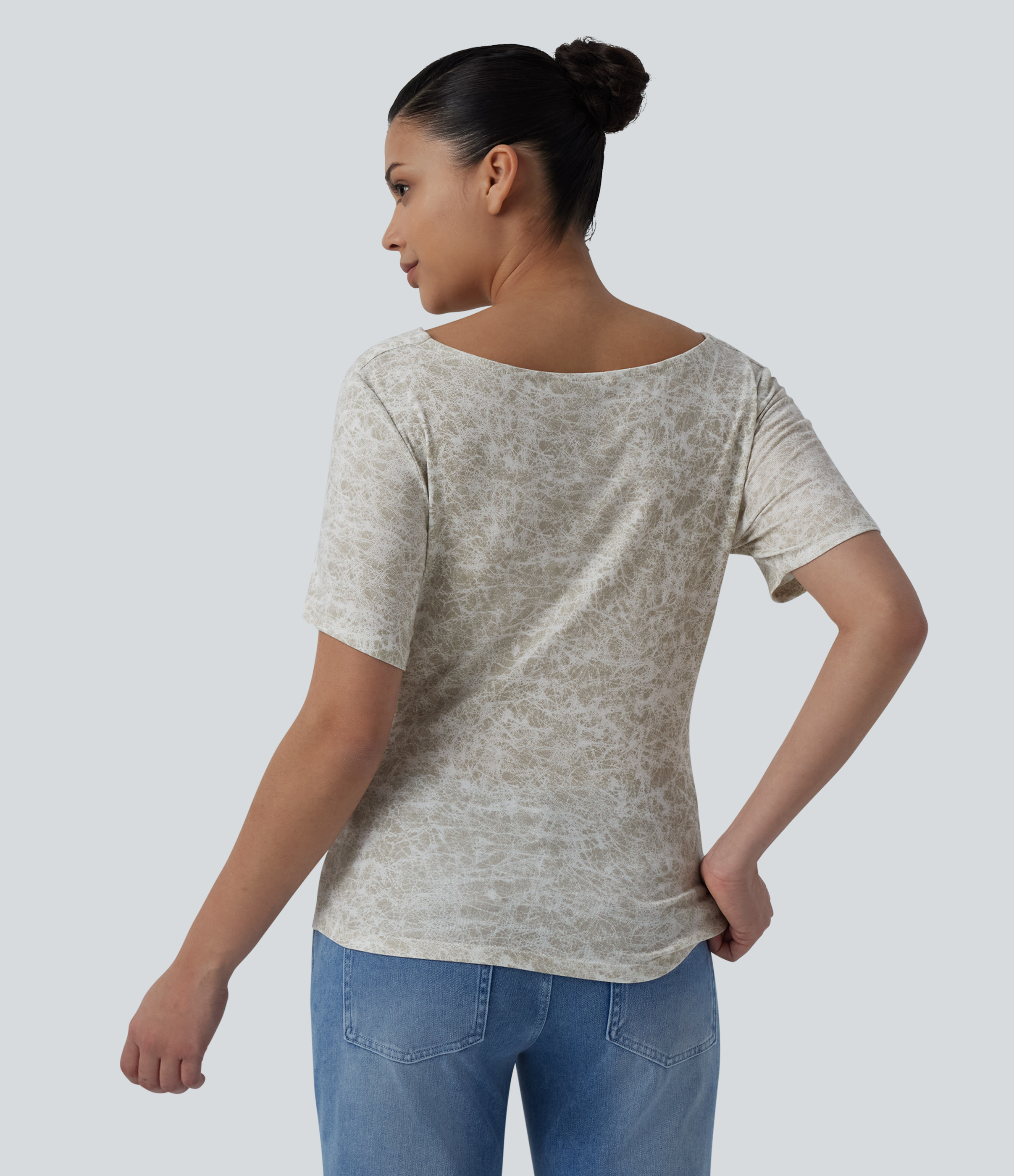 Moss Vein Cream Cowl Neck Short Sleeve Ruched Tie Dye Casual T-Shirt / 2