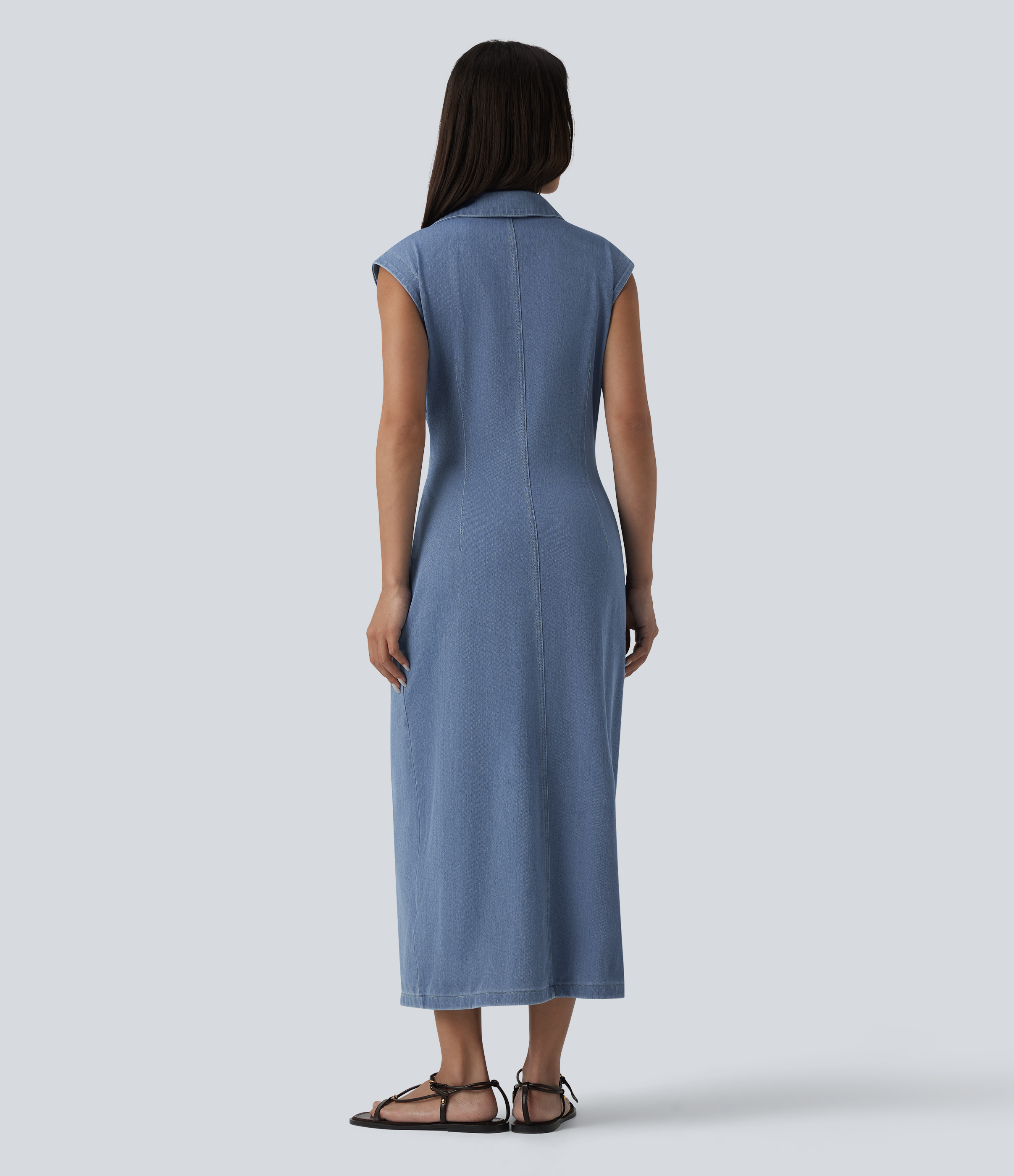 Malibu Blue Denim Halara Flex™ V-neck Sleeveless Ruched Button Fly Midi Denim Casual Dress / 2