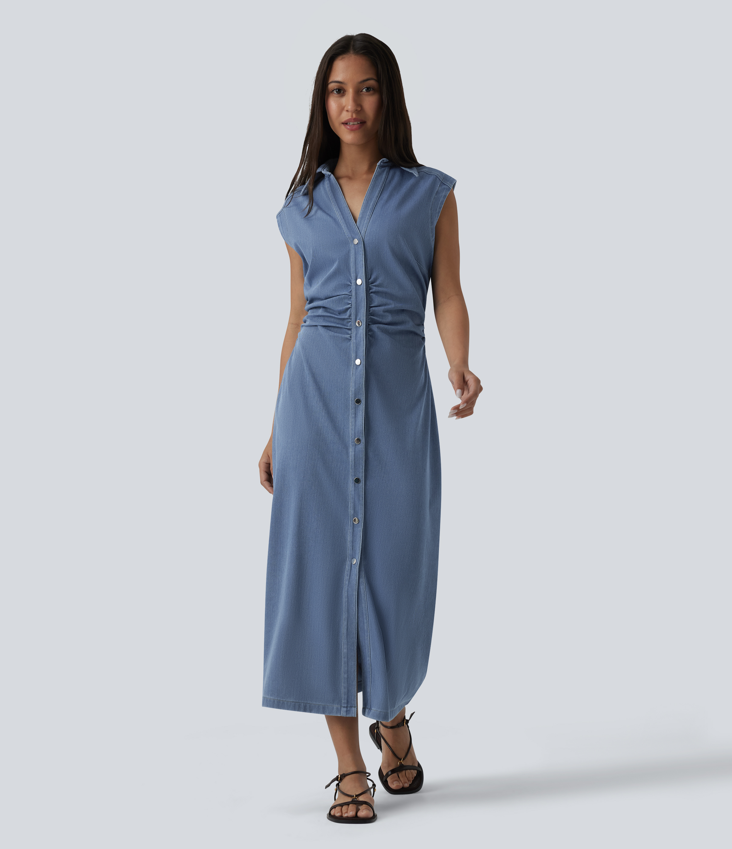Halara Flex™ V-neck Sleeveless Ruched Button Fly  Midi Denim Casual Dress