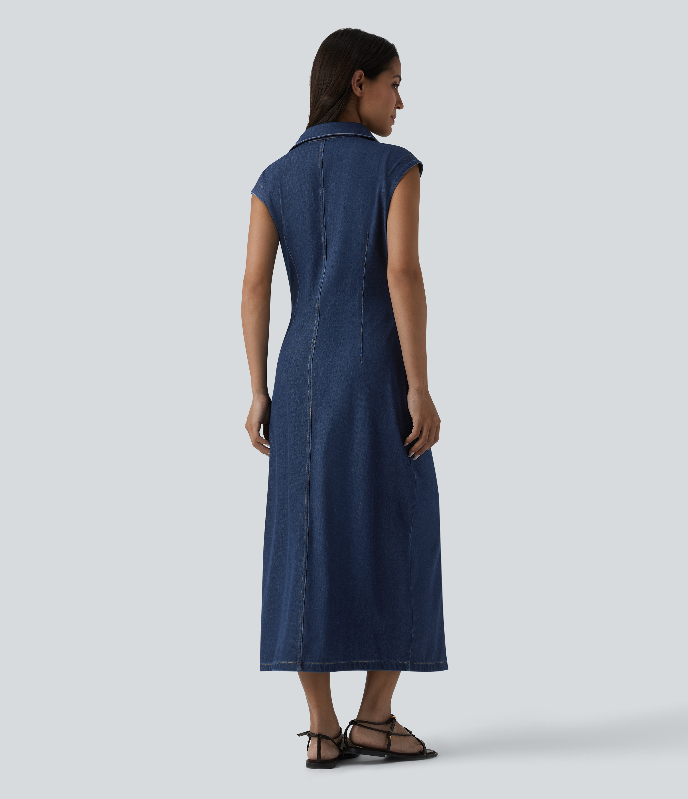 Pageant Blue Denim Halara Flex™ V-neck Sleeveless Ruched Button Fly  Midi Denim Casual Dress / 2