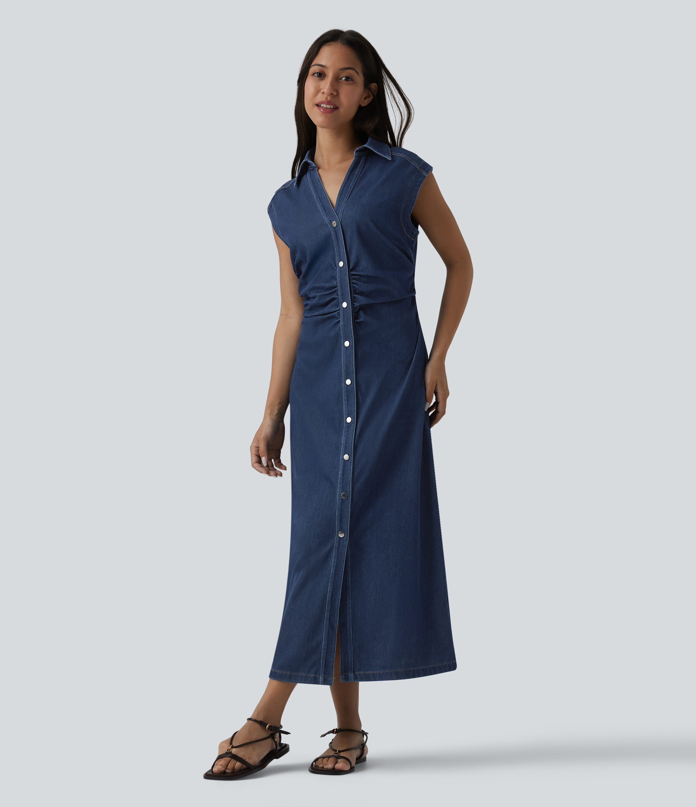 Halara Flex™ V-neck Sleeveless Ruched Button Fly  Midi Denim Casual Dress