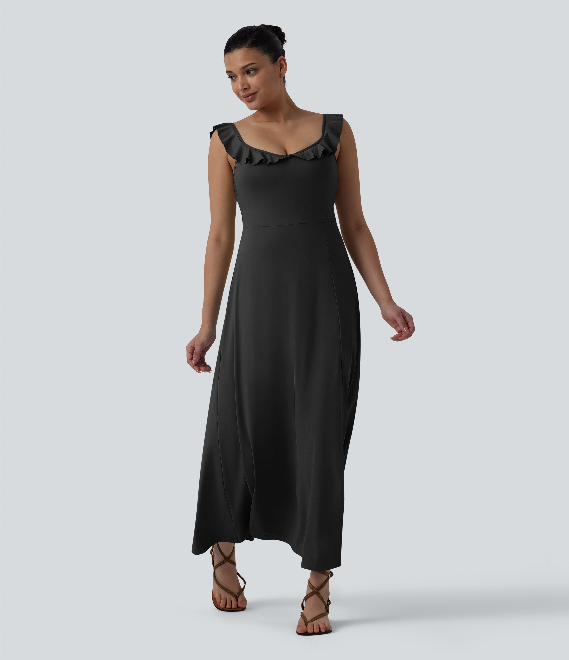 Built-in Bra Ruffle Flowy Maxi Dress