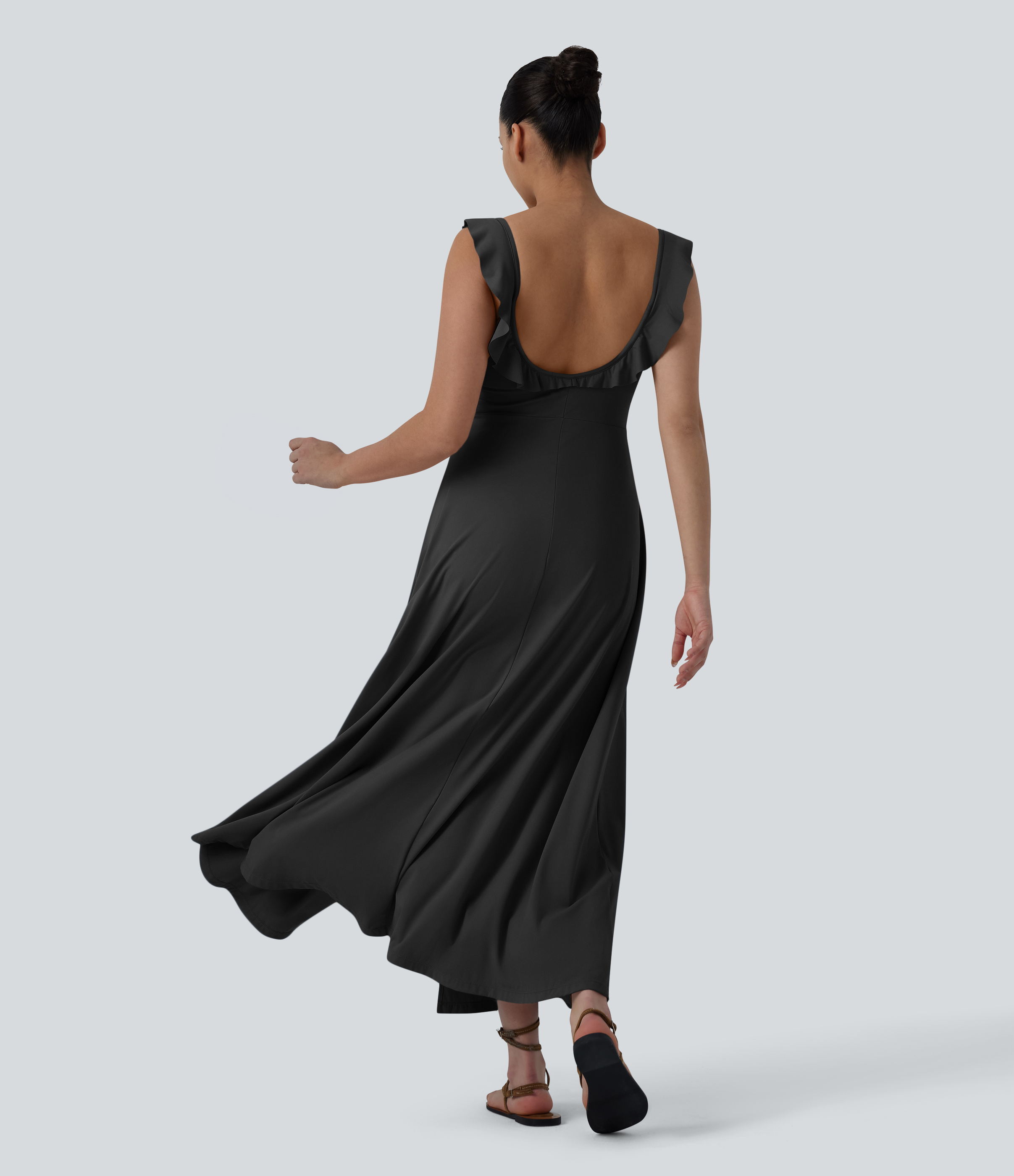 Schwarz Fließendes Maxikleid mit integriertem BH und Rüschen / 2