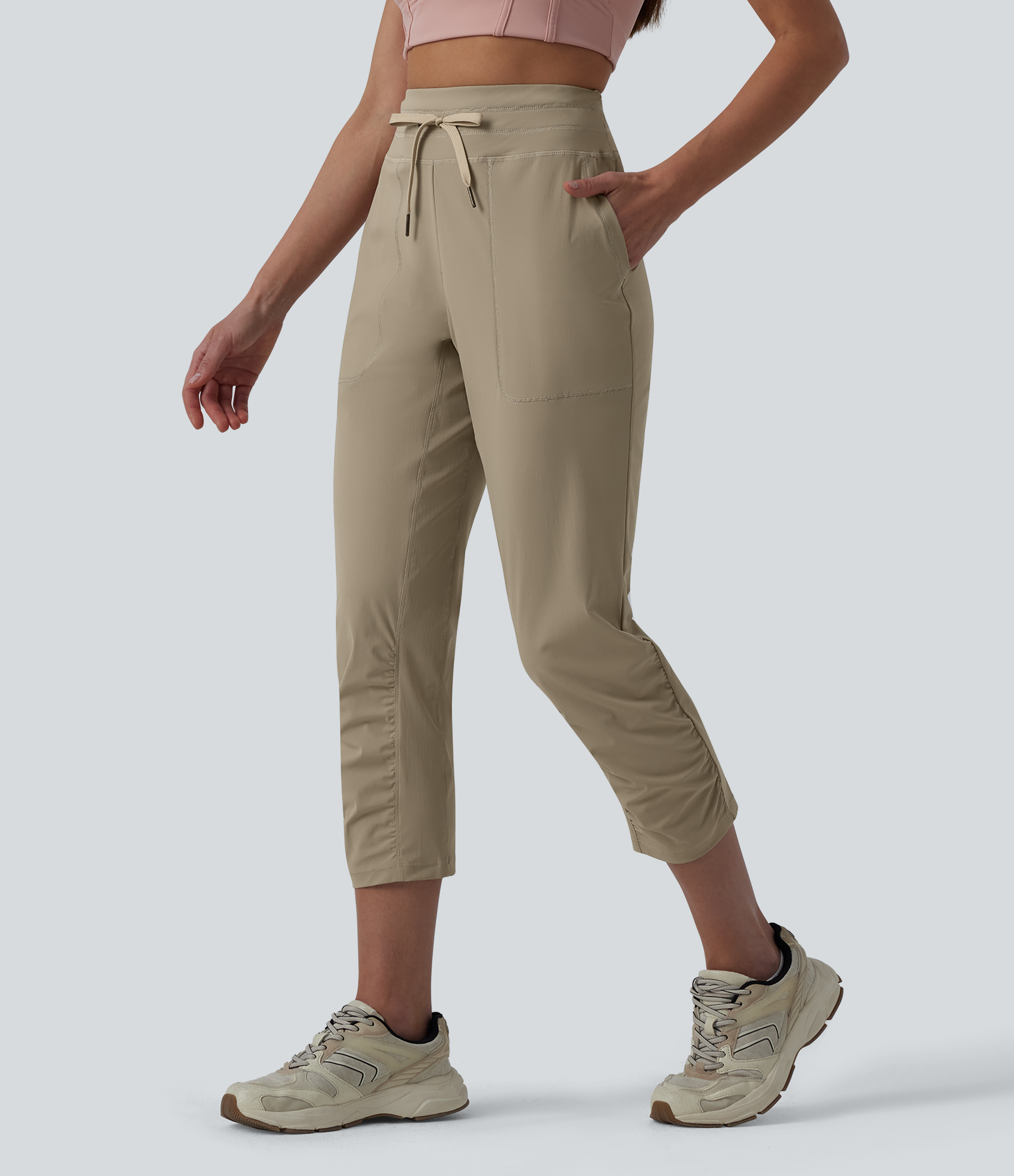 High Waisted Drawstring Ruched Running Cropped Joggers with Pockets