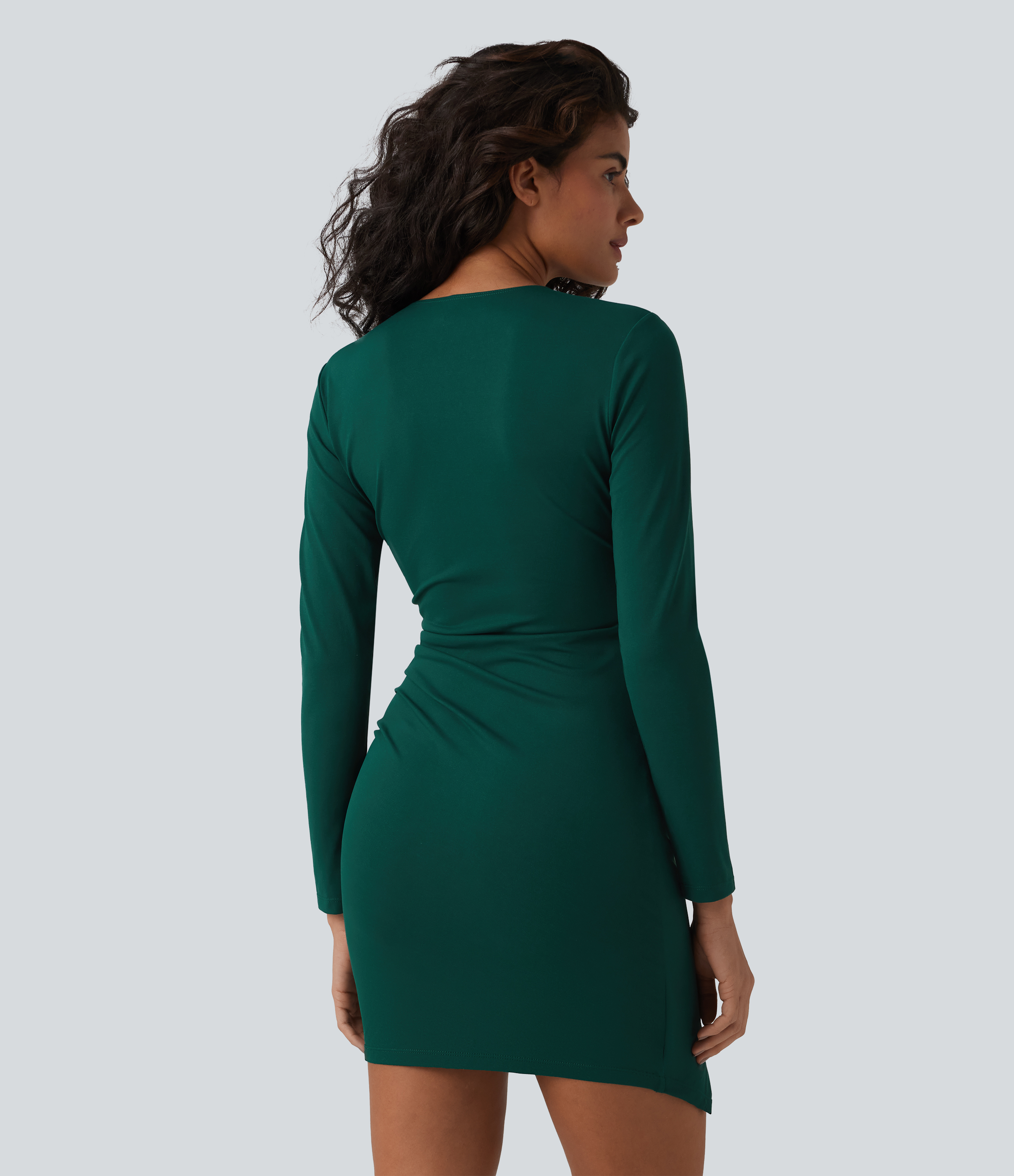 Rain Forest Deep V Neck Long Sleeve Ruched Mini Bodycon Dress / 2