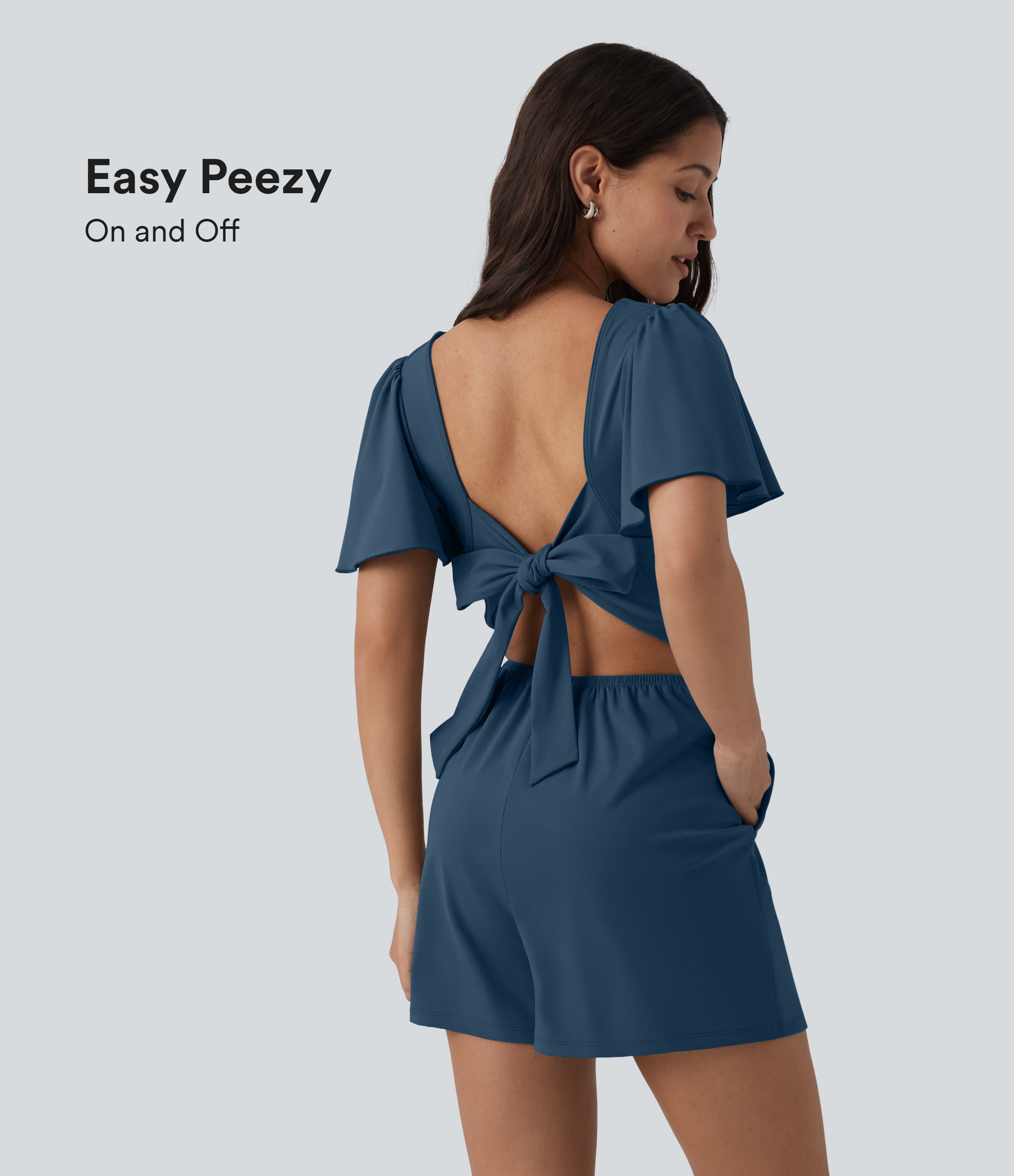 SoftlyZero™ Airy Flounce Short Sleeve Tie Back InstantCool Casual Romper with Pockets-Easy Peezy Edition