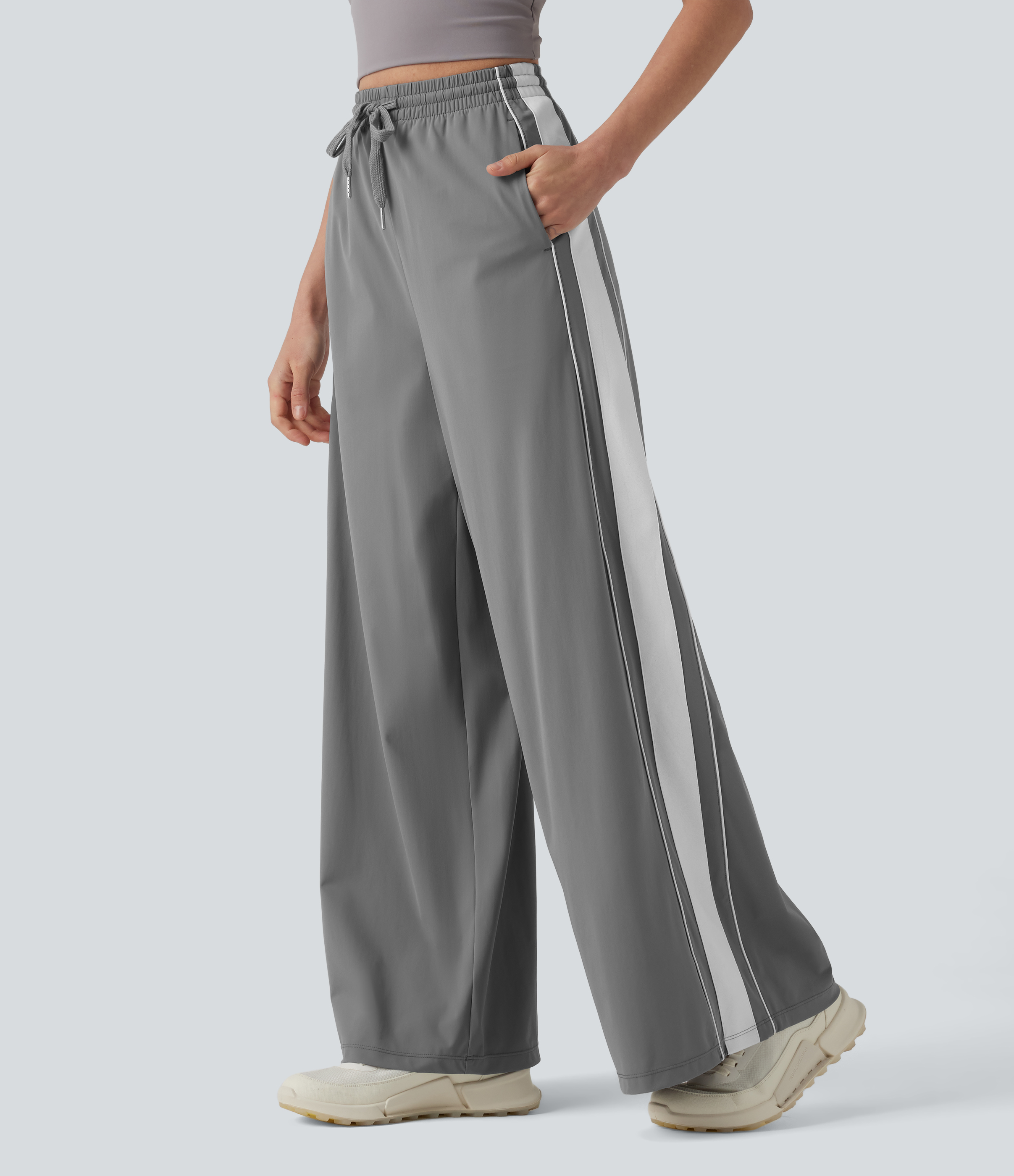 High Waisted Drawstring Wide Leg Stripe Quick Dry Cool Touch Running Pants with Pockets-UPF40+