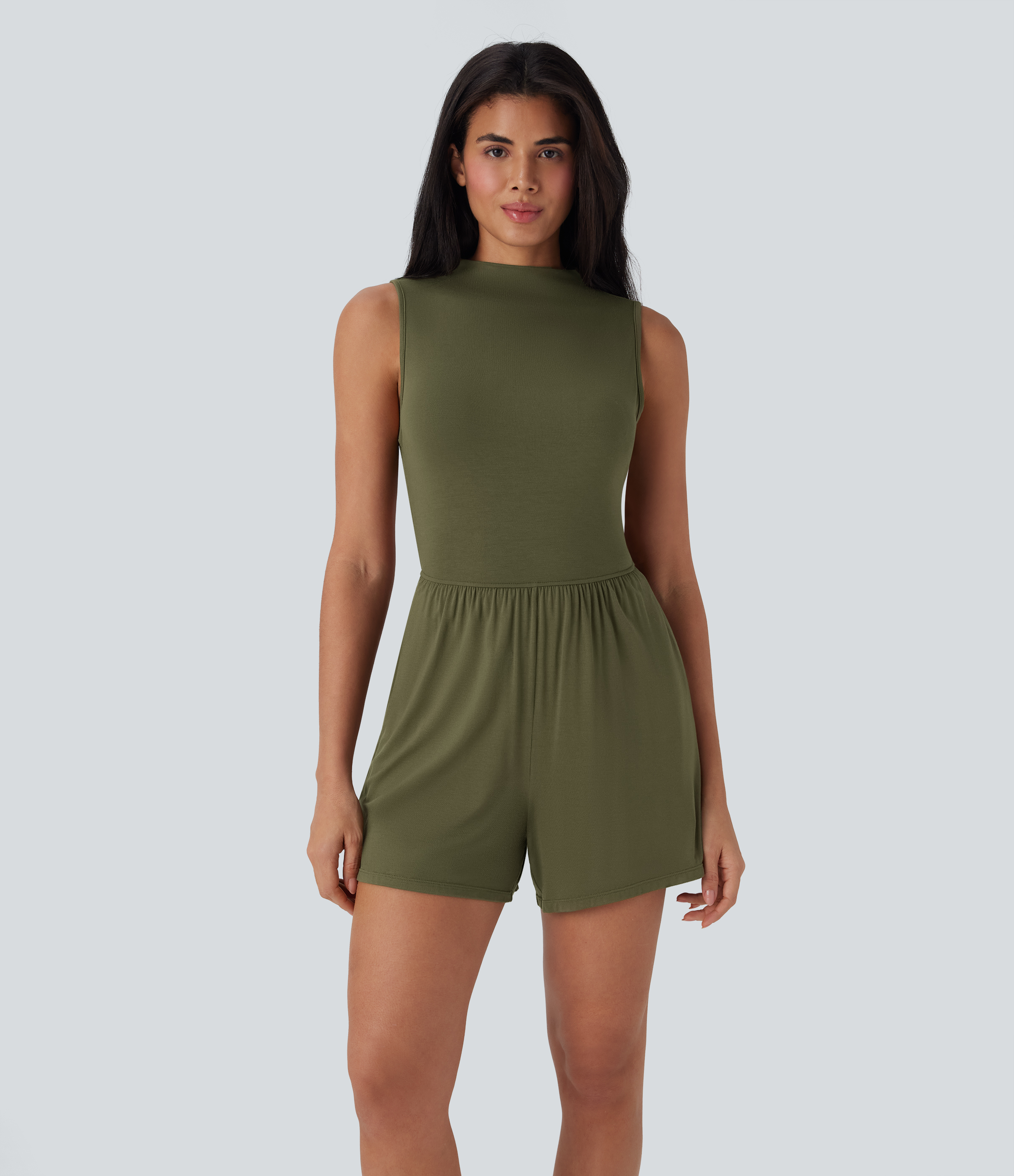 Olive Drab Tuta smanicata casual con colletto alla coreana e tasche - Facile da indossare / 2